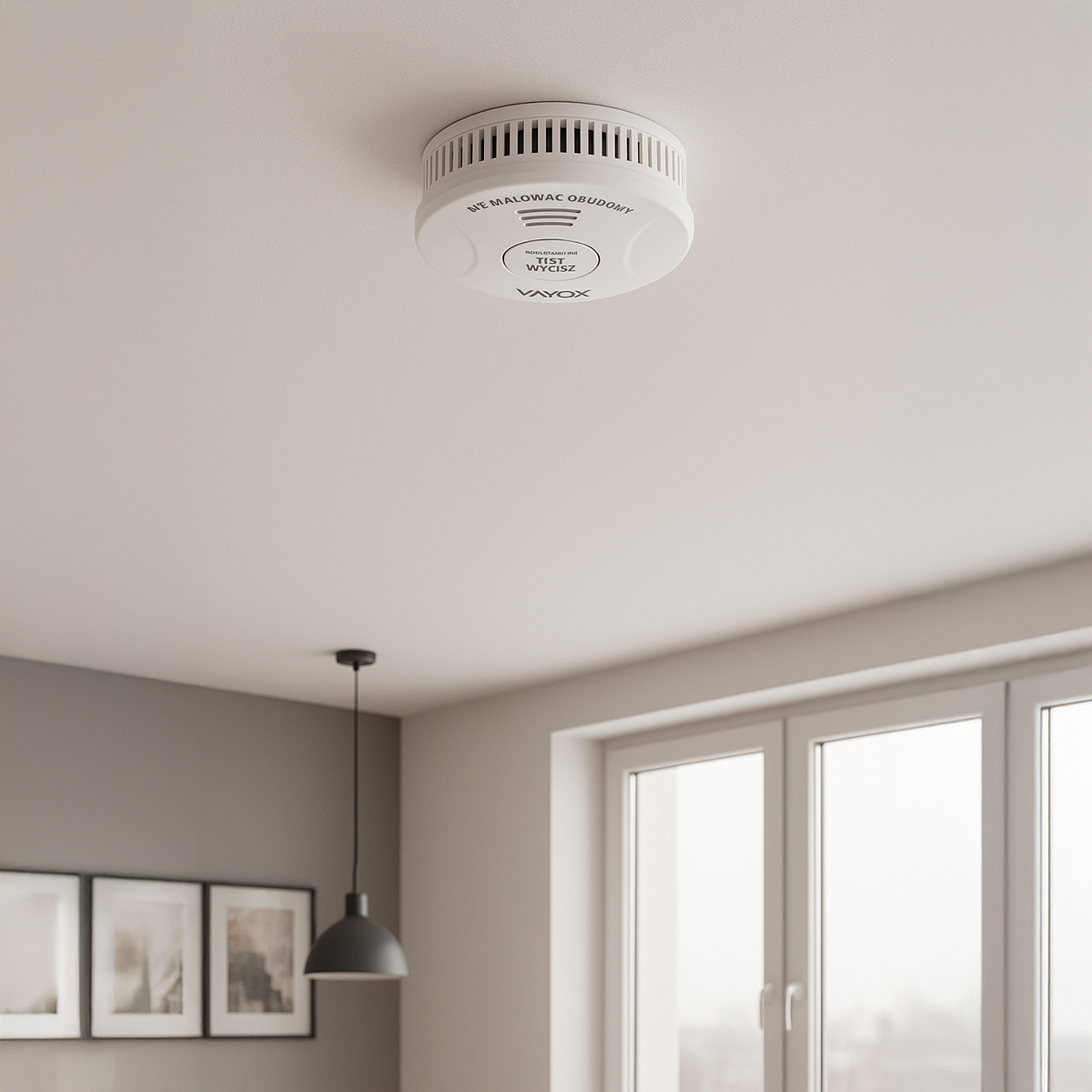 Biała czujka dymu zamontowana na białym suficie. Poniżej wisi ciemnoszara lampa. Widoczne okno i oprawione obrazy.