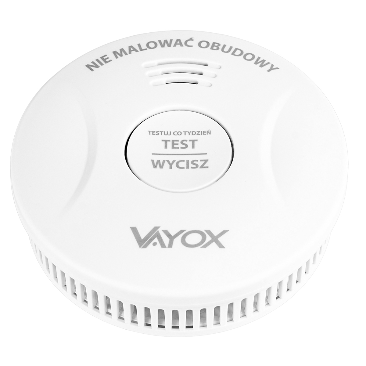 Biały czujnik dymu z napisami 'TEST', 'WYCISZ' i 'VAYOX'. Na górze napis 'NIE MALOWAĆ OBUDOWY'.