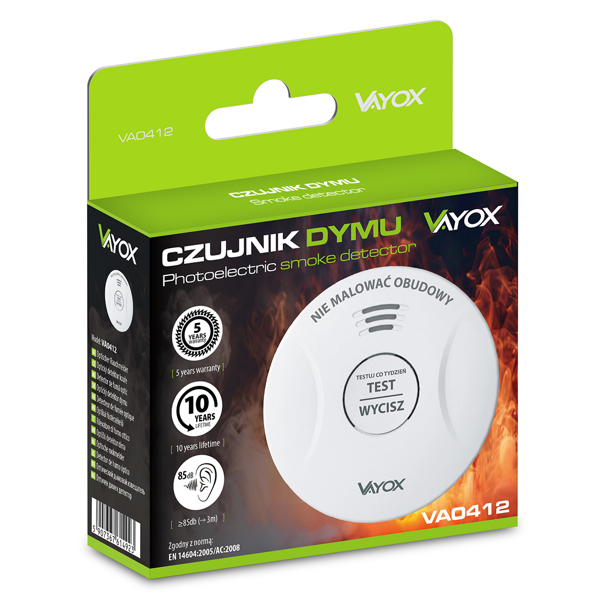 Pudełko czujnika dymu Vayox. Jest białe z zieloną górą, pokazując nazwę produktu i funkcje.