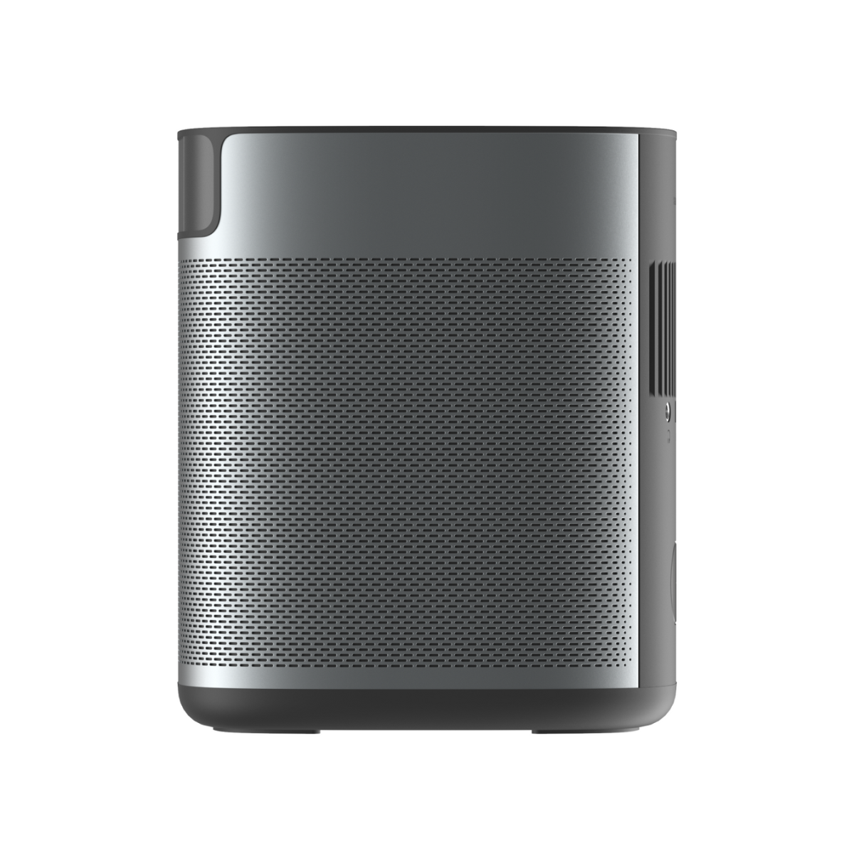 A cylindrical gray projector with a perforated speaker grille. It has a shiny top and a matte base, set against a white background.