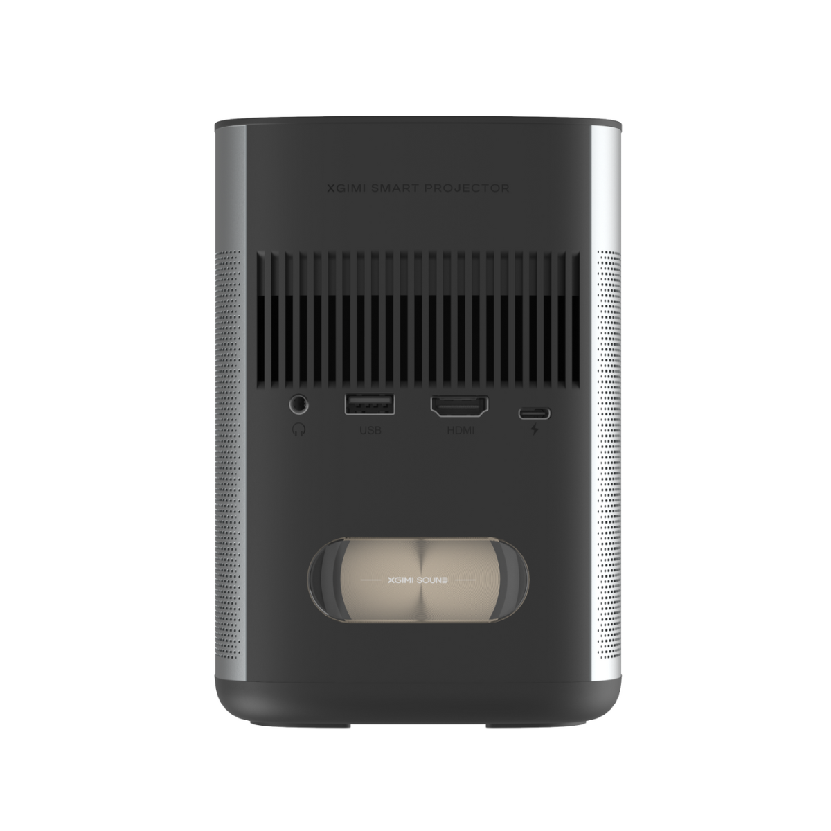 A black XGIMI smart projector. It has USB, HDMI, and power ports. The front has a speaker with XGIMI SOUND.