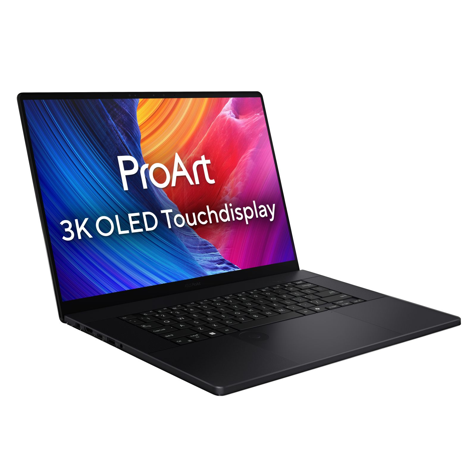 Schwarzer Laptop mit dem Bildschirm, auf dem 'ProArt 3K OLED Touchdisplay' steht. Der Hintergrund hat ein abstraktes Design.