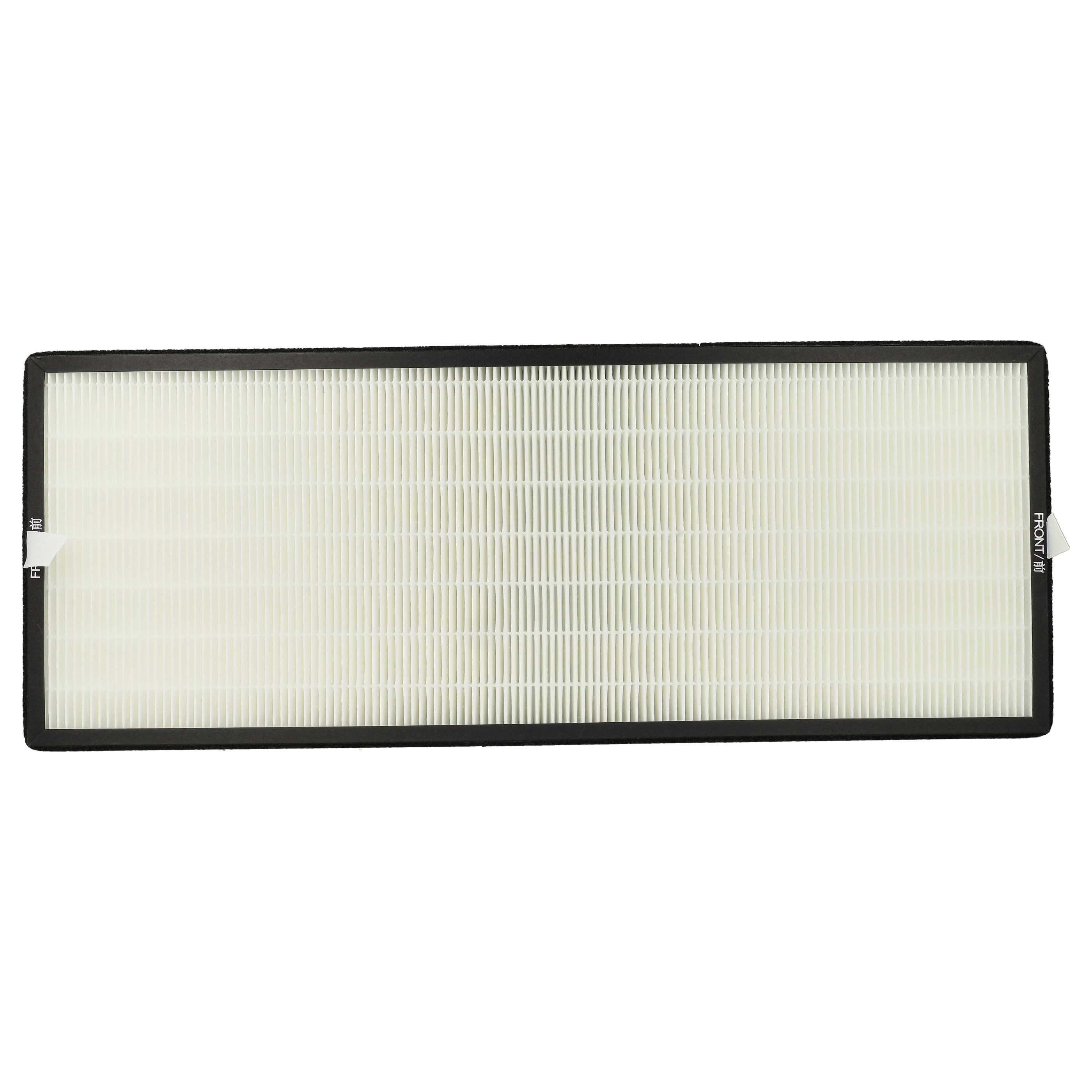 Luftfilter mit weißem, plissiertem Filtermedium in einem schwarzen Rahmen. Vorder- und Rückseite sind beschriftet.