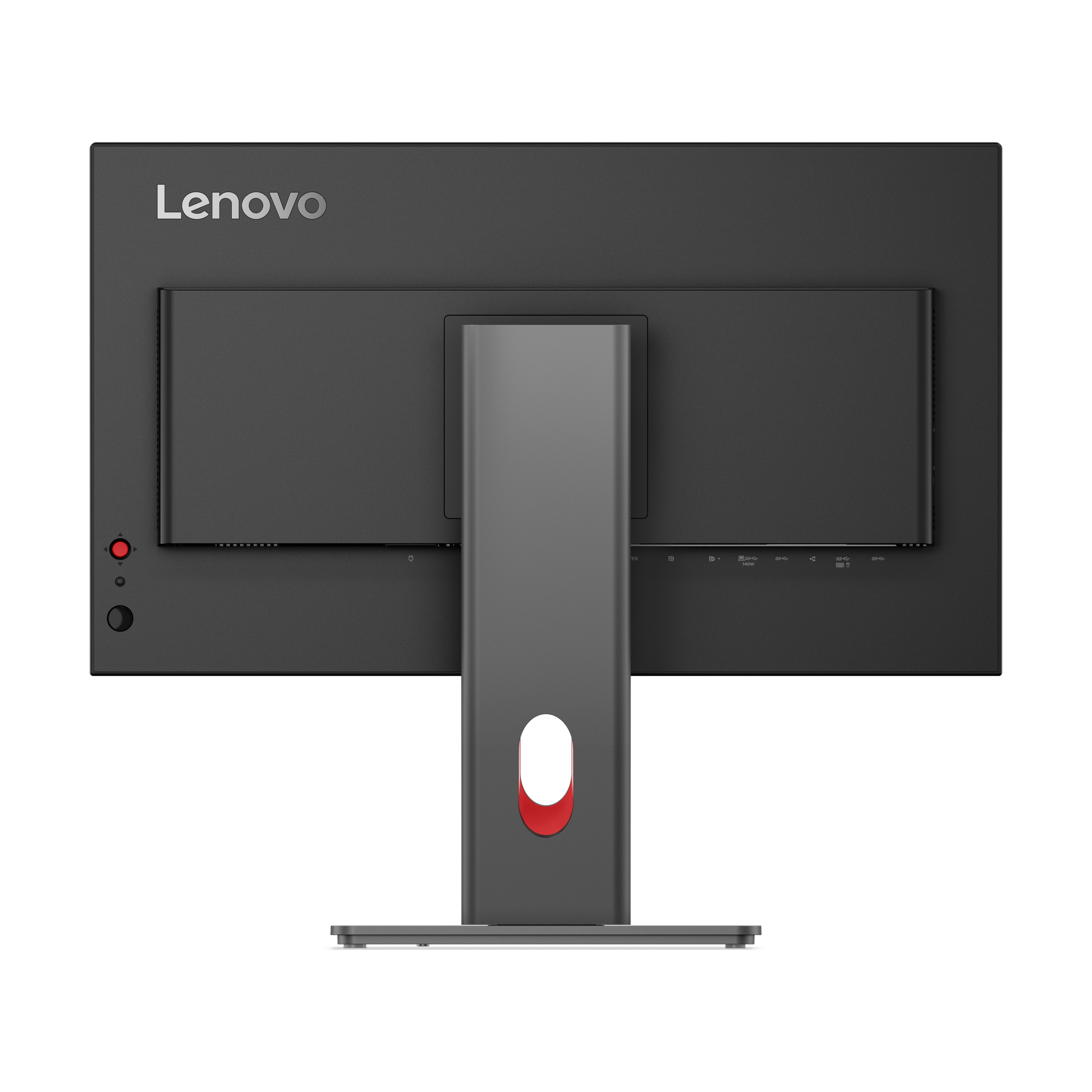 Widok z tyłu monitora Lenovo. Jest czarny z szarą podstawą. Podstawa ma czerwony akcent, a logo Lenovo jest widoczne.
