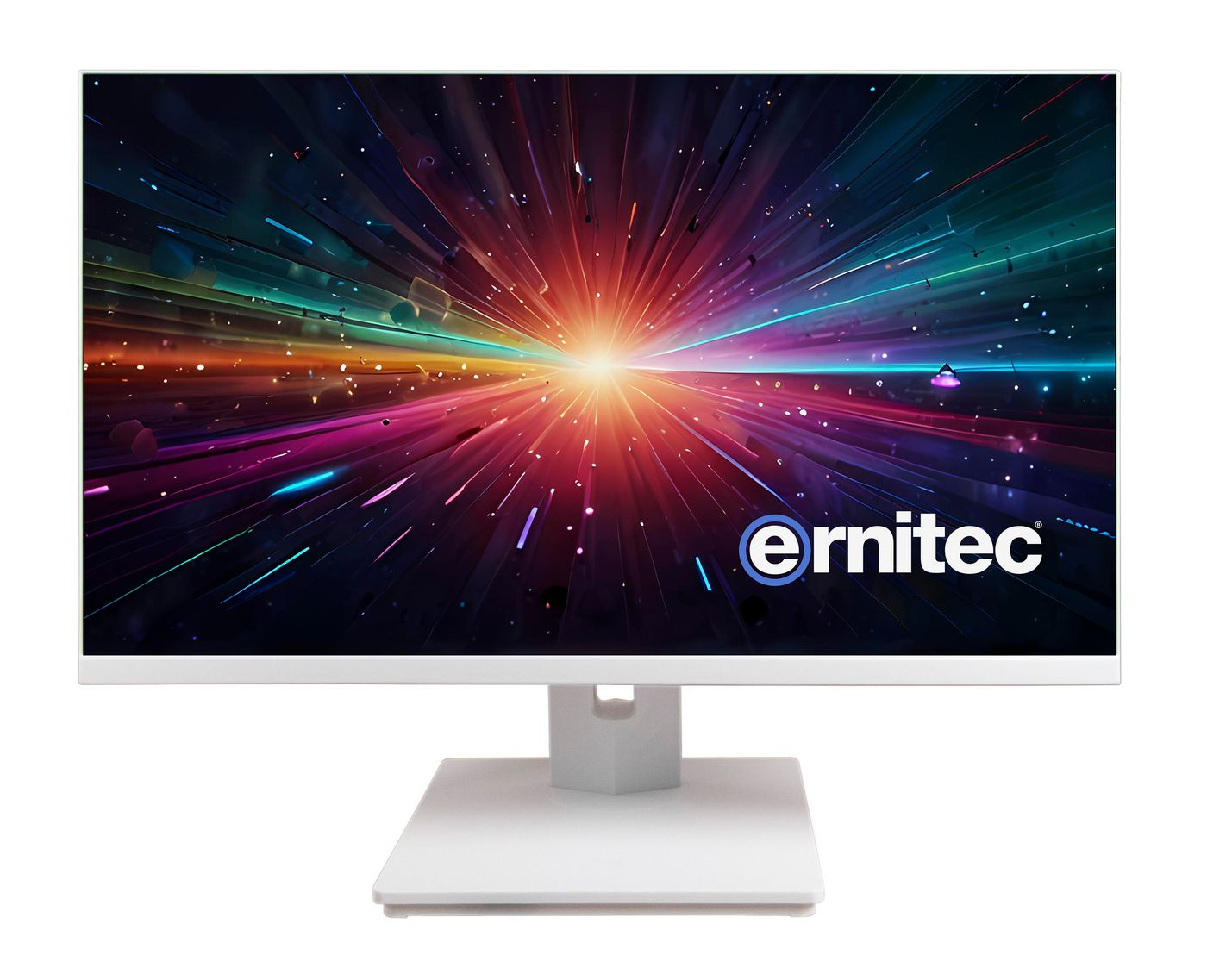 Un monitor blanco muestra una explosión de luz colorida. La marca "ernitec" está en la esquina inferior derecha.