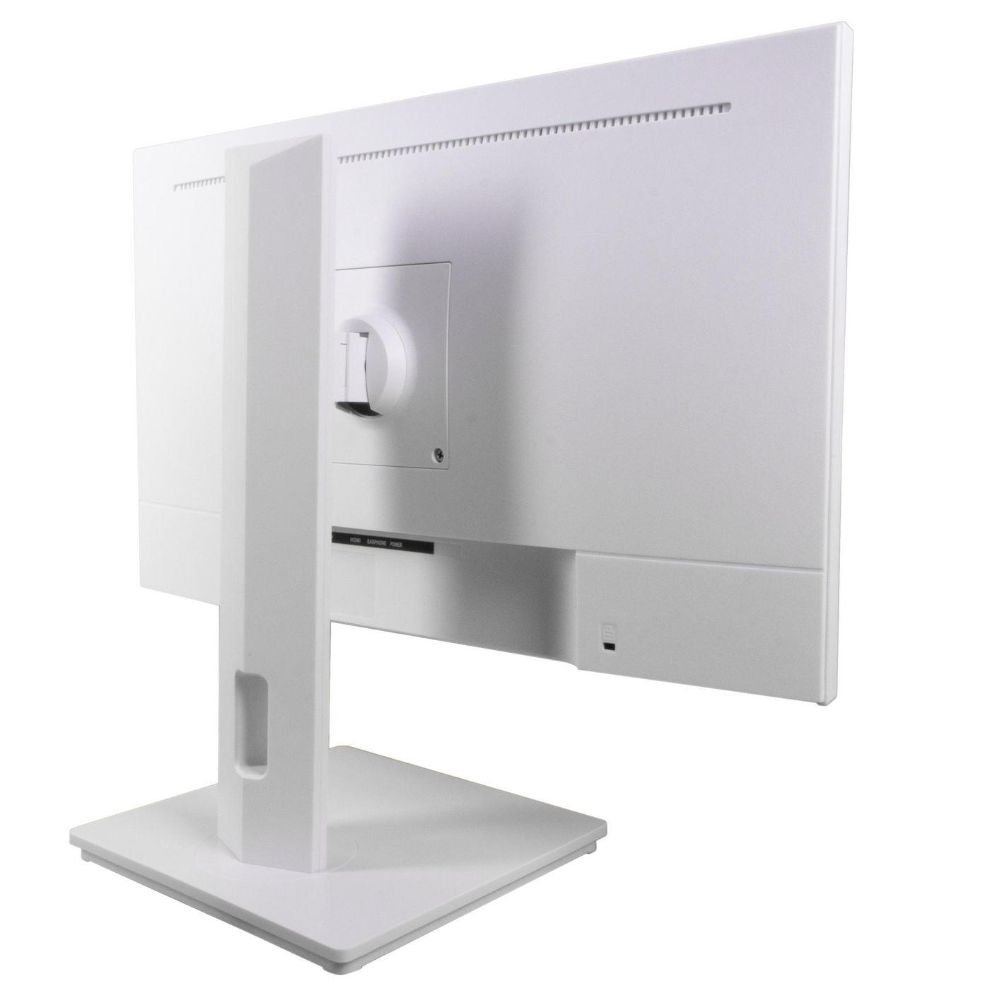 Vista trasera de monitor de computadora blanco. El soporte y la pantalla son blancos, con puertos de conexión visibles. Aislado sobre fondo blanco.