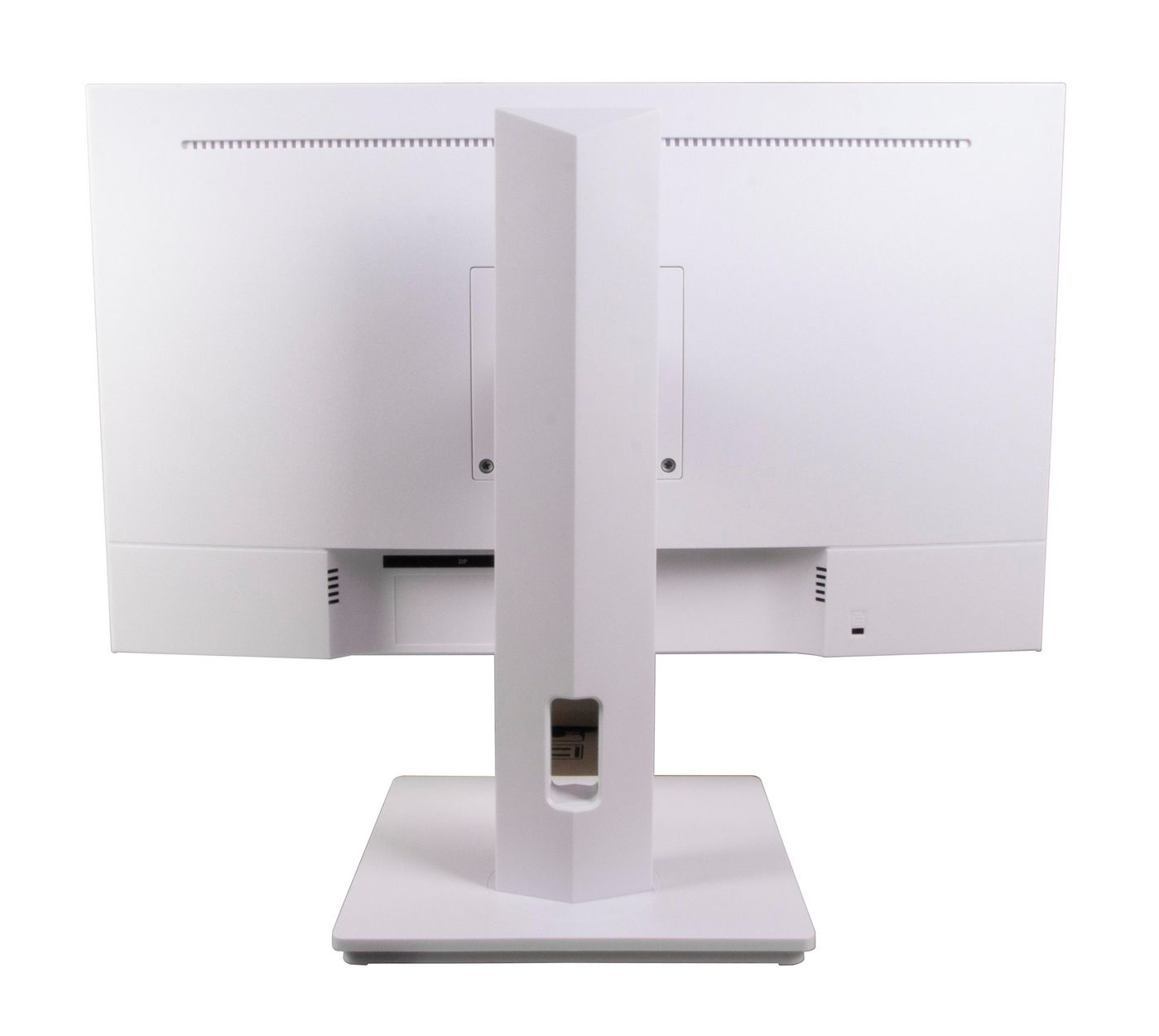 Vista trasera de un monitor de computadora blanco. El monitor está sobre un soporte blanco. Está contra un fondo blanco.