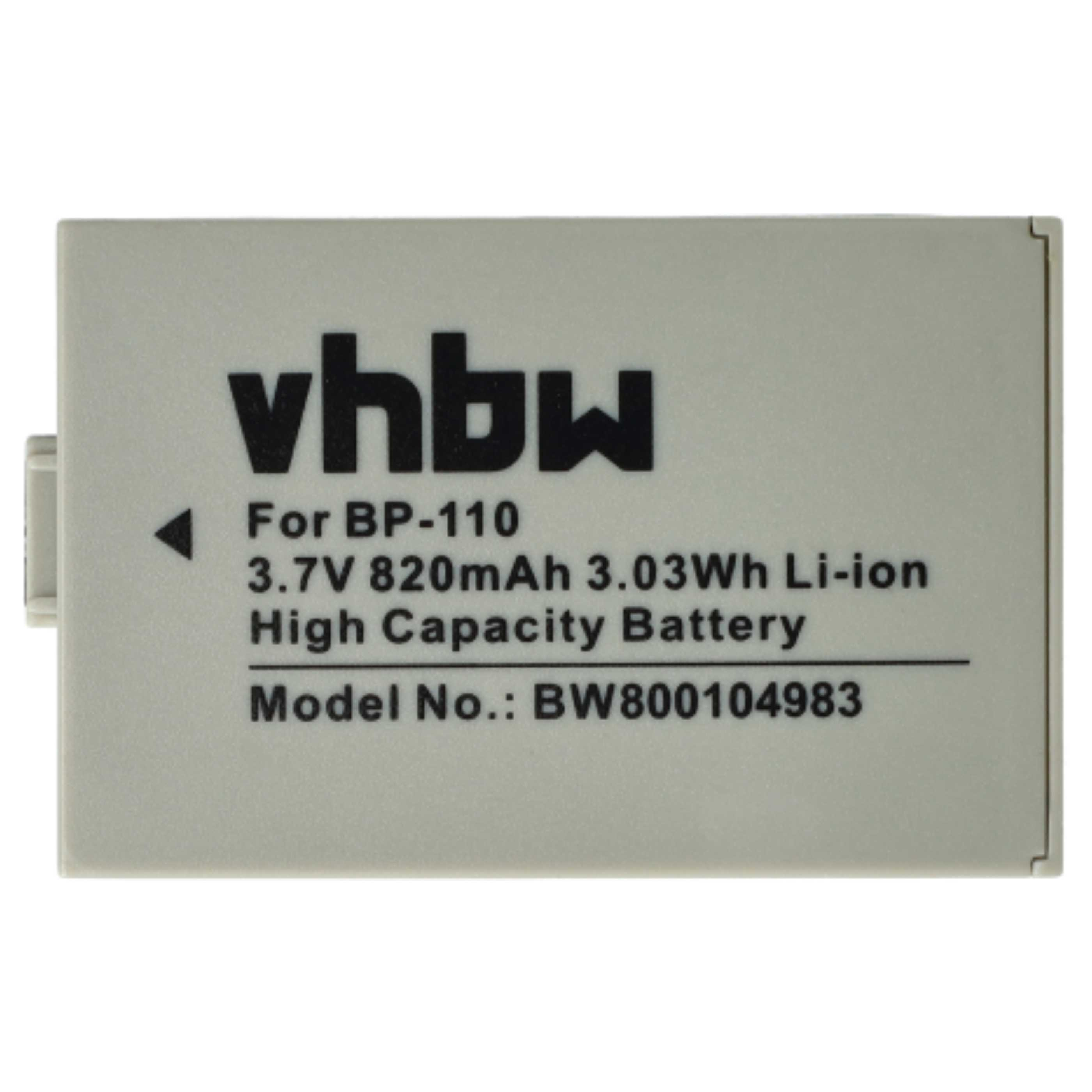 Ein grauer Akku mit schwarzem Text, der 'vhbw', 'For BP-110' und Spezifikationen anzeigt. Modellnummer BW800104983 ist sichtbar.