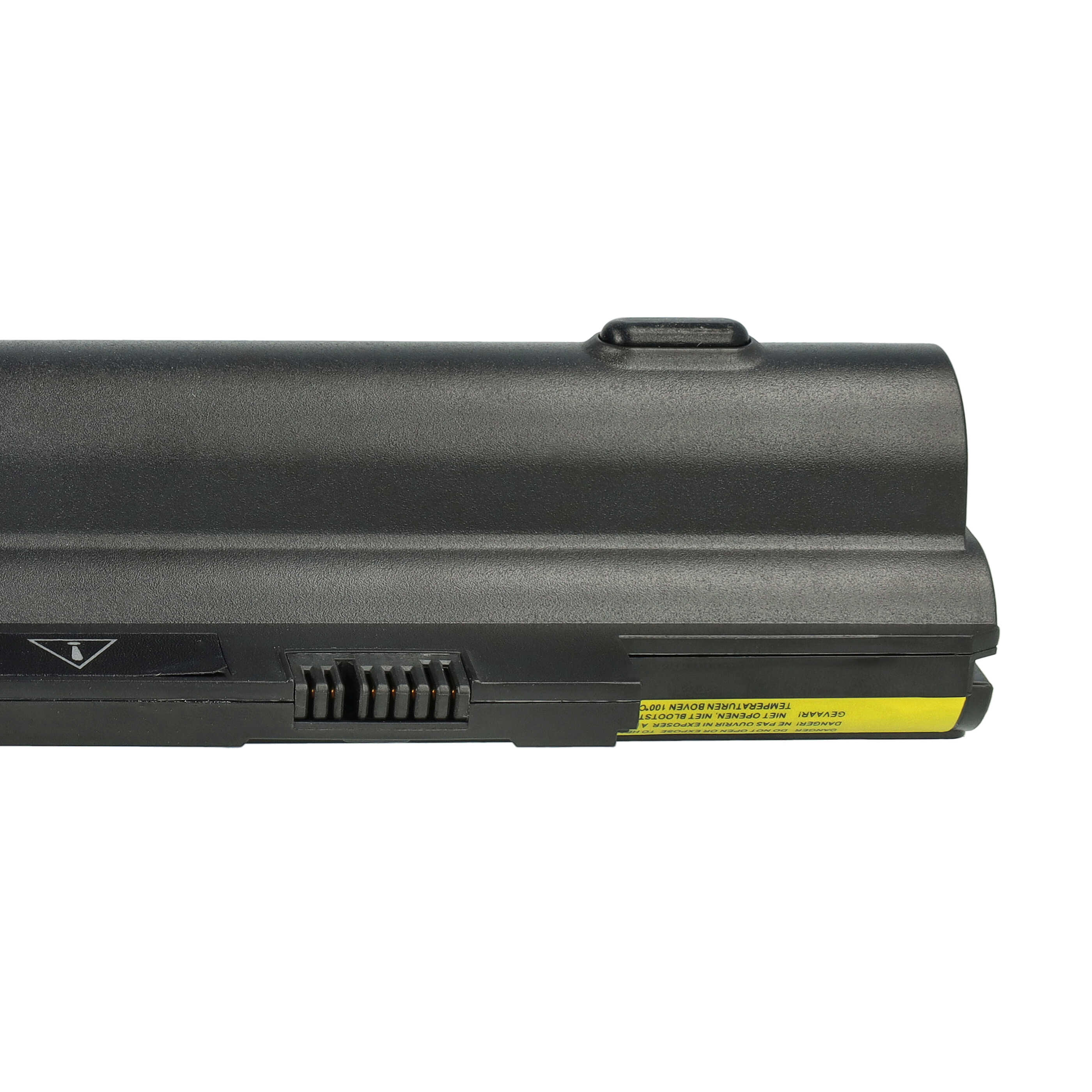 Schwarzer Laptop-Akku. Ein Warnhinweis ist sichtbar. Die Oberseite des Akkus hat einen kleinen Knopf.