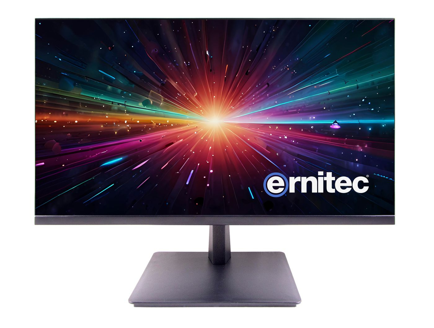 Een computermonitor met een kleurrijke abstracte achtergrond en het woord "ernitec" rechtsonder.