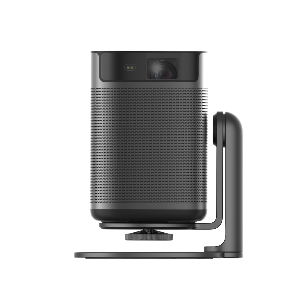 A black projector with a cylindrical body is mounted on a dark gray stand. The lens and other components are visible.