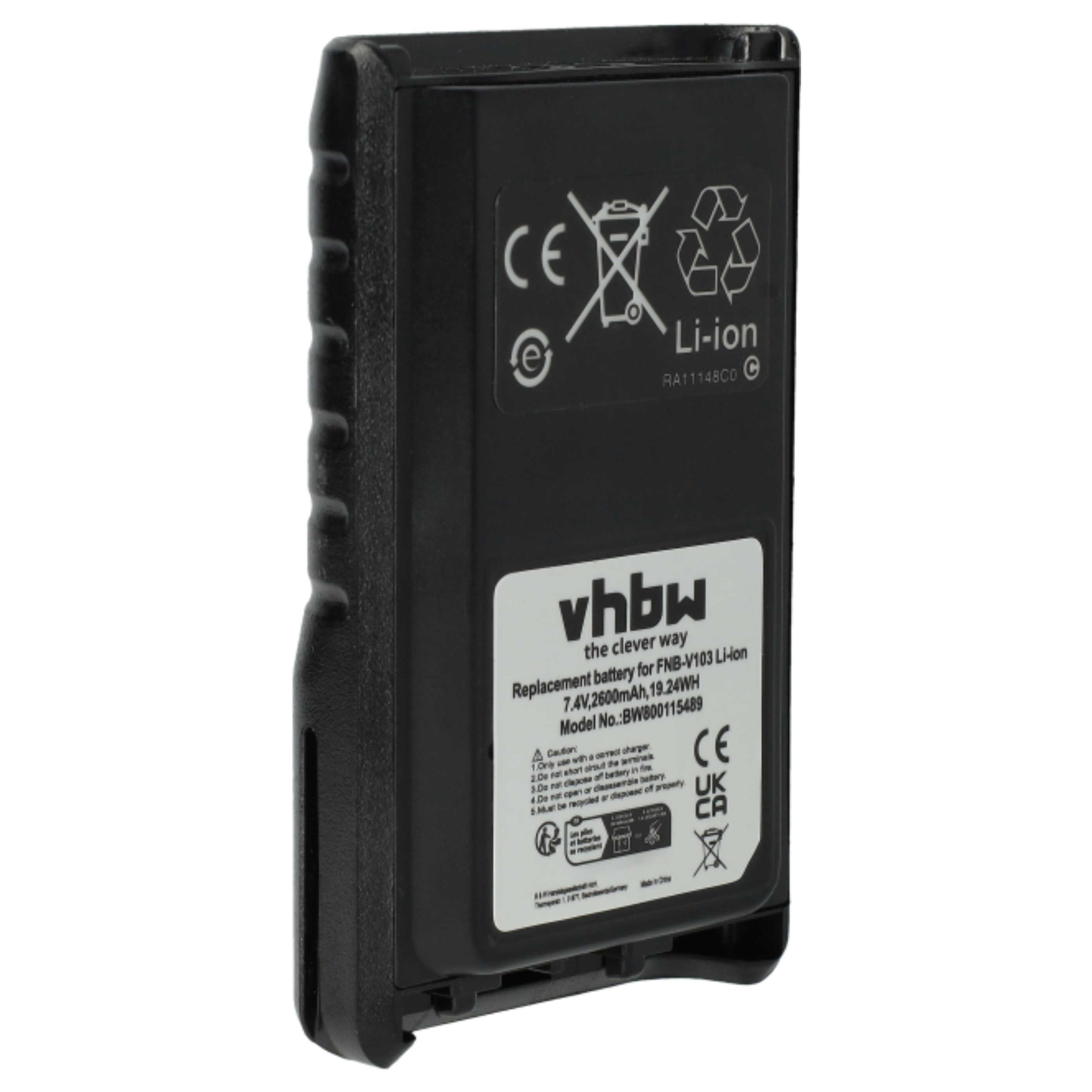 Schwarzer rechteckiger Akku mit weißem Etikett, CE-, UKCA-Zeichen. Text: vhbw, Li-ion, 7,4 V, 2600 mAh. Er hat eine geriffelte Seite.