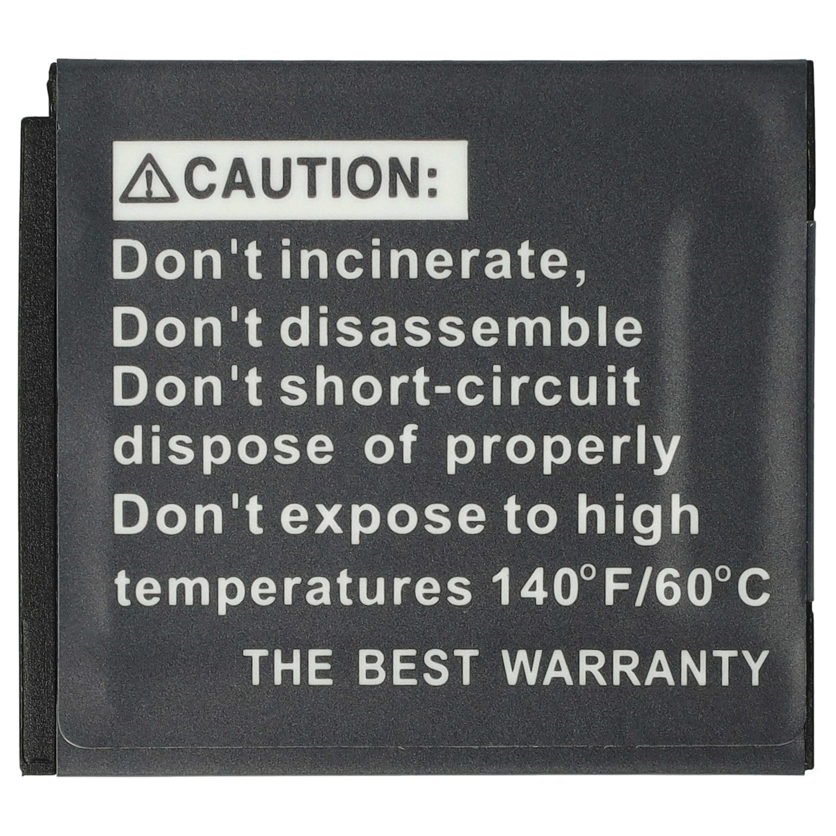 Ein schwarzes Warnschild mit weißem Text. Es warnt vor Verbrennung, Demontage, Kurzschluss und hohen Temperaturen.