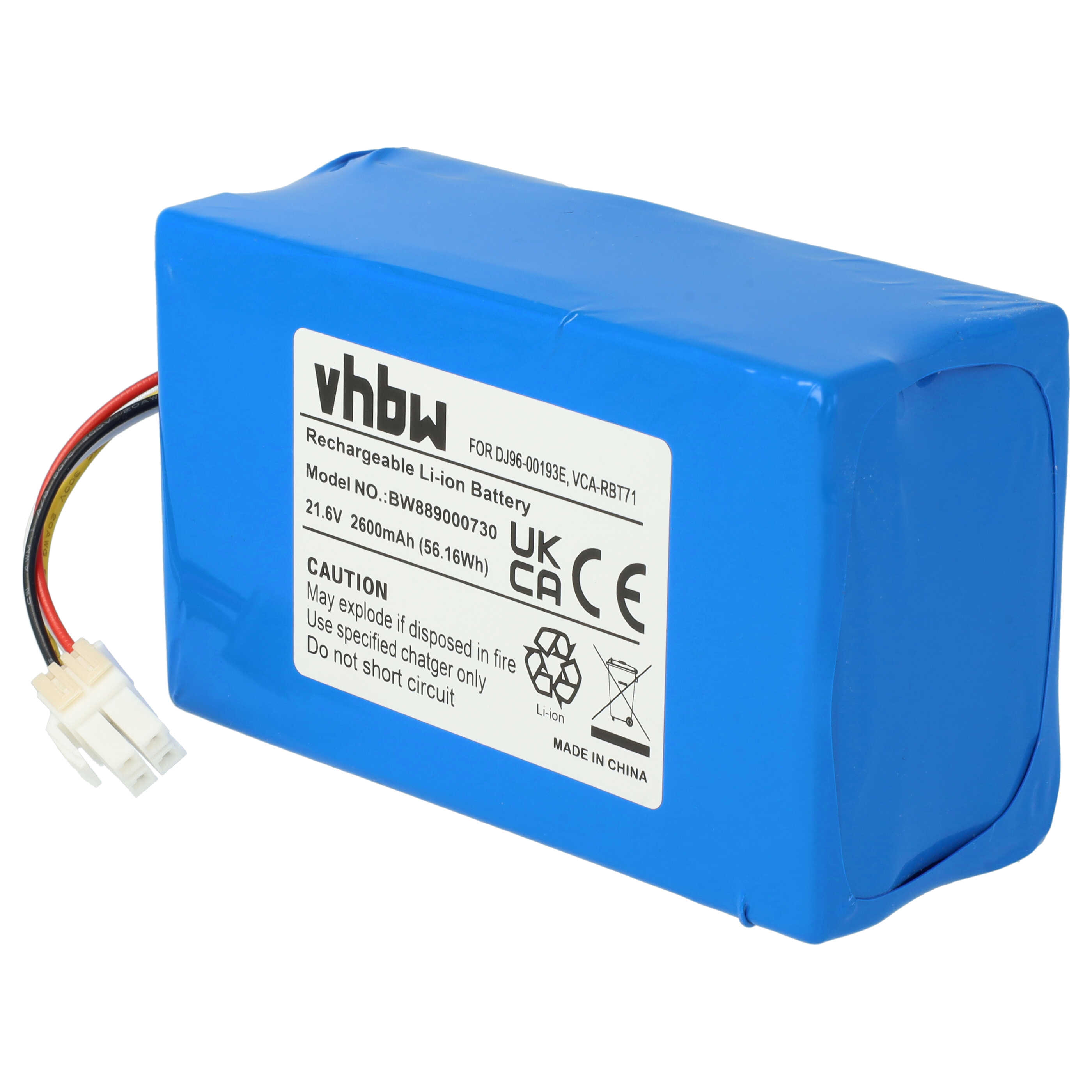 Ein blauer, wiederaufladbarer Li-Ionen-Akku mit weißem Stecker und Kabeln, Warnhinweisen und der Marke 'vhbw'.