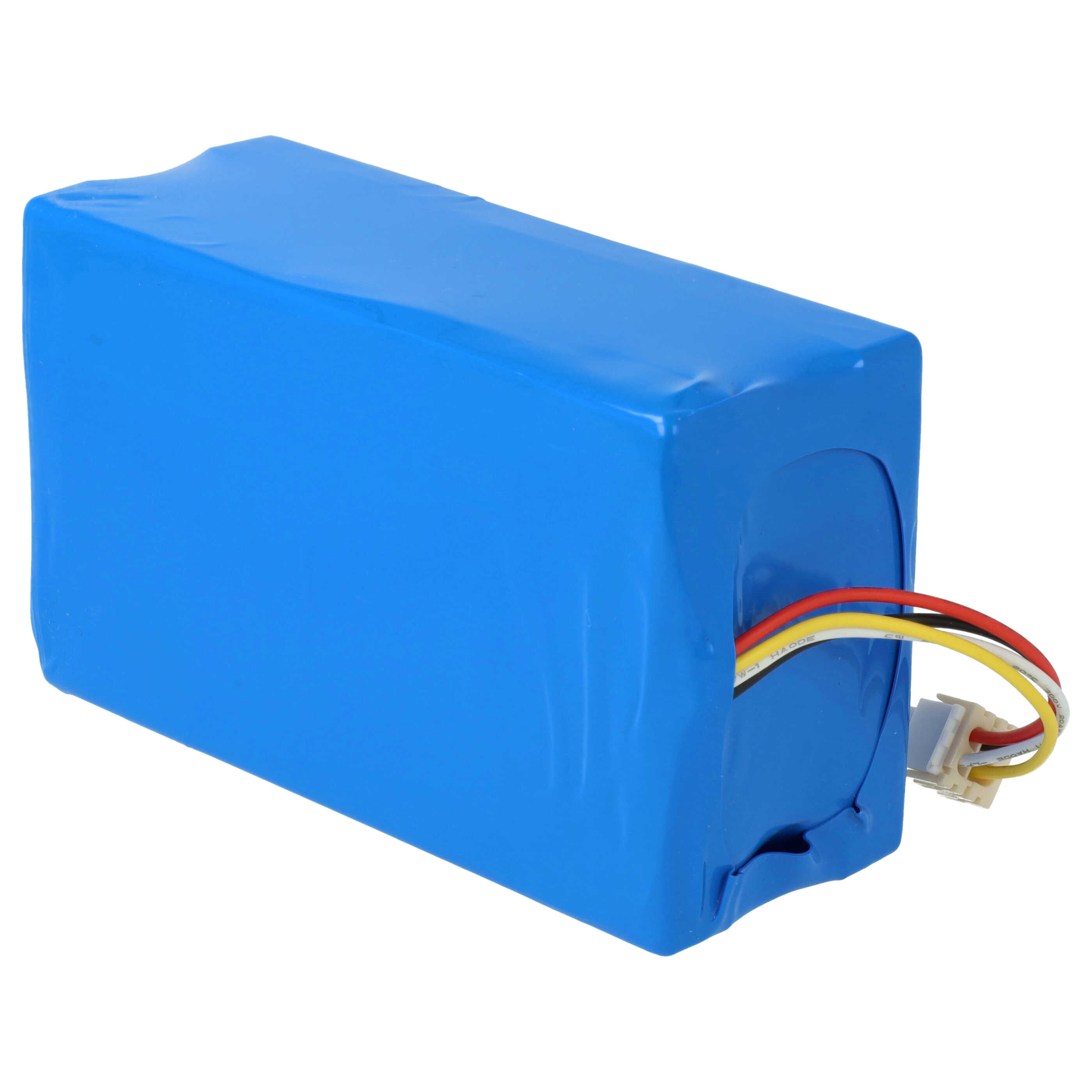 Ein blaues rechteckiges Batteriepack mit Drähten und einem Stecker, die sich von einem Ende erstrecken, isoliert auf weißem Hintergrund.