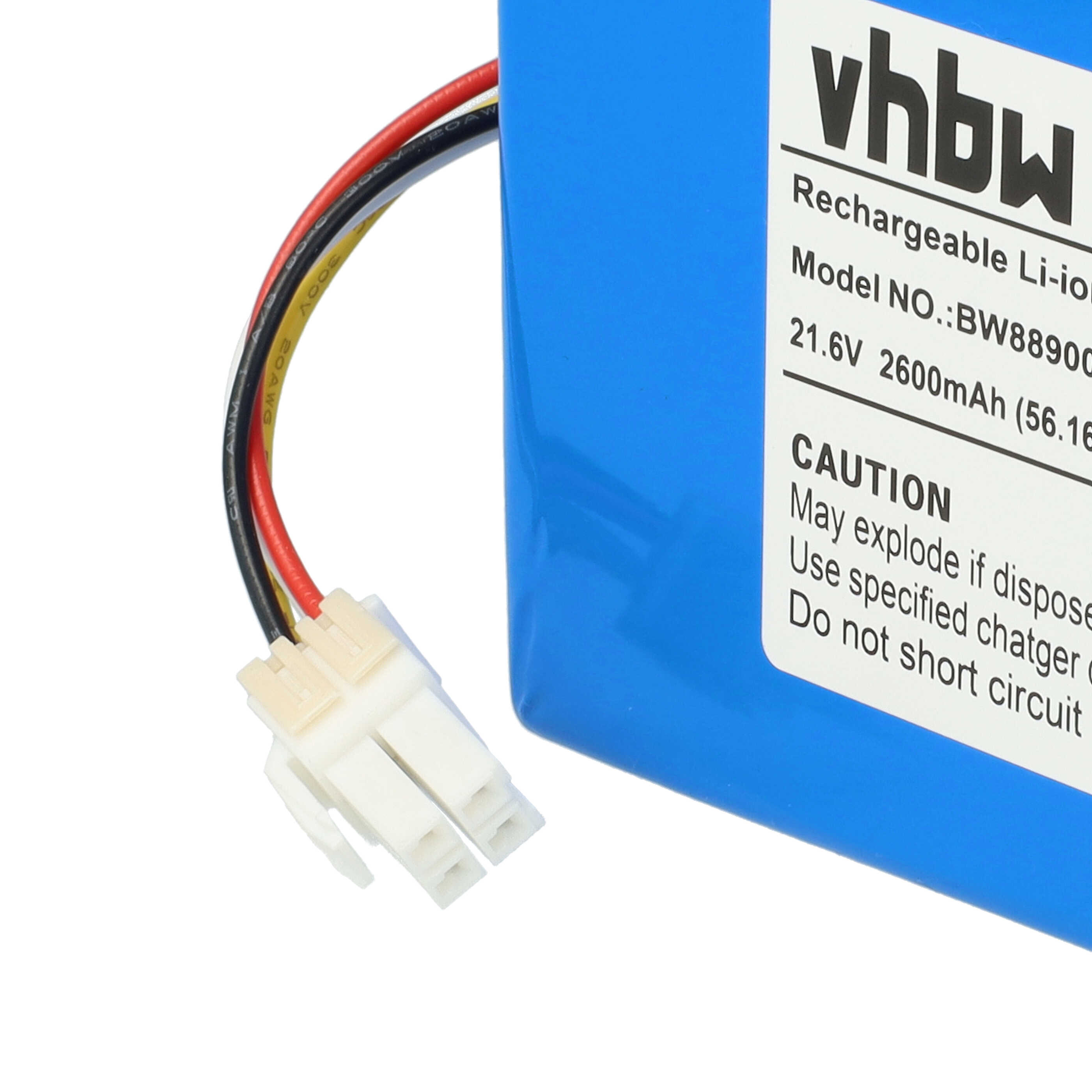 Ein blauer Akku mit weißem Stecker und Drähten. Auf dem Akku steht 'vhbw Rechargeable Li-ion'.