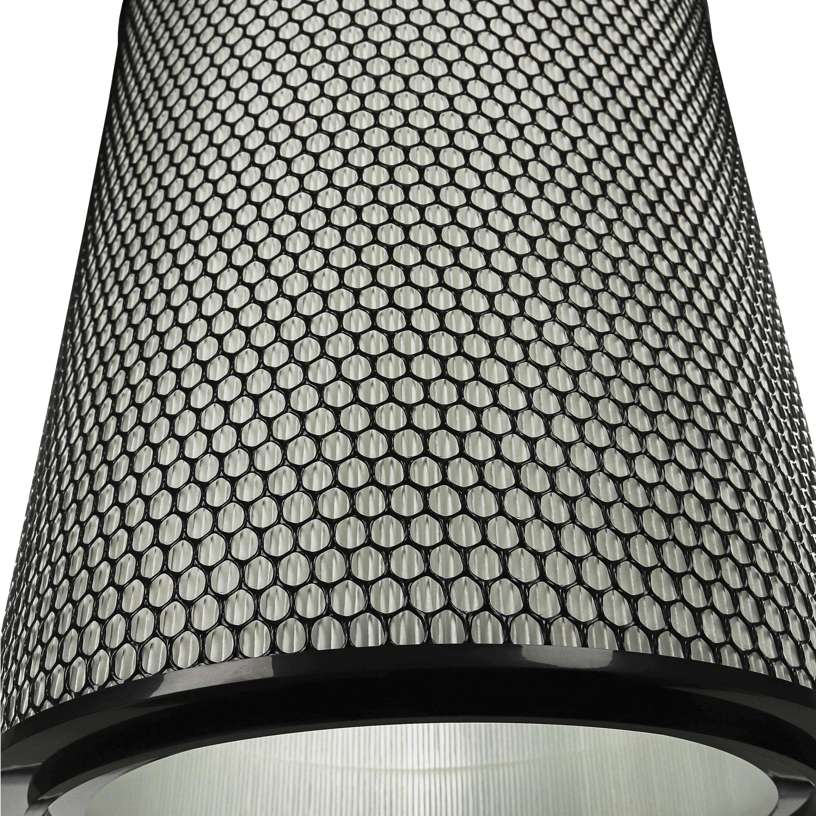 Nahaufnahme eines schwarzen Luftfilters. Ein wabenförmiges Gitter bedeckt das weiße Filtermaterial. Der Filter ist zylindrisch.