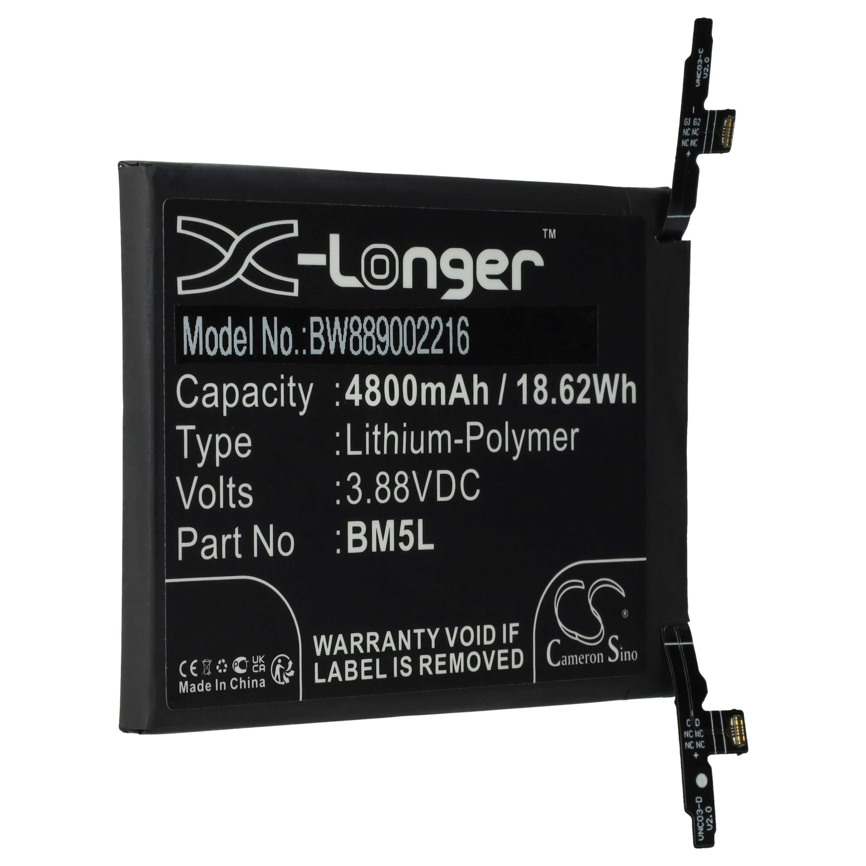Schwarzer Akku mit Text. Aufkleber: X-Longer, Modell-Nr., Kapazität, Typ, Volt, Teilenr. und Garantieinformationen.