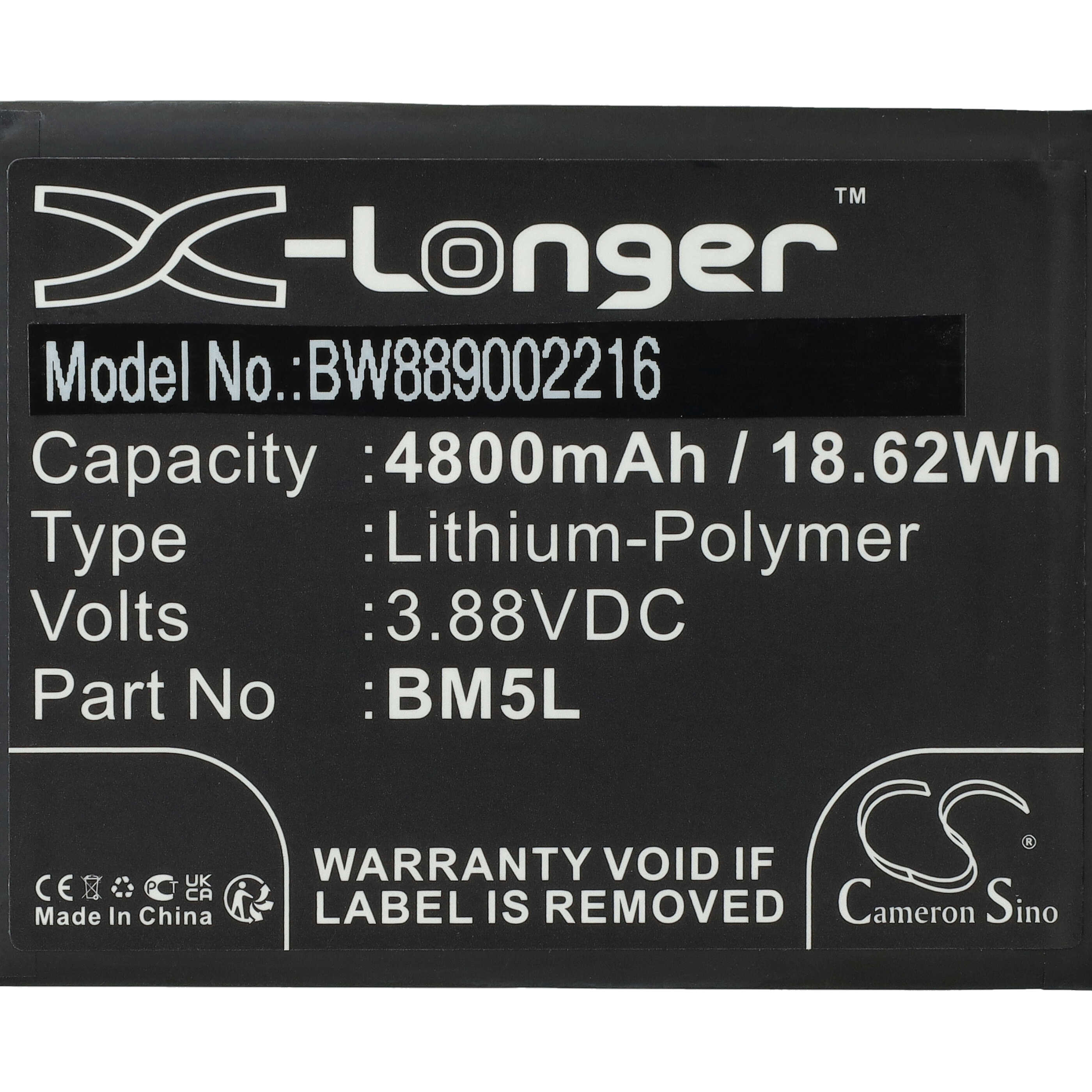 Schwarzes Batterieetikett mit weißem Text. Details umfassen Modellnummer, Kapazität, Typ, Volt und Teilenummer.