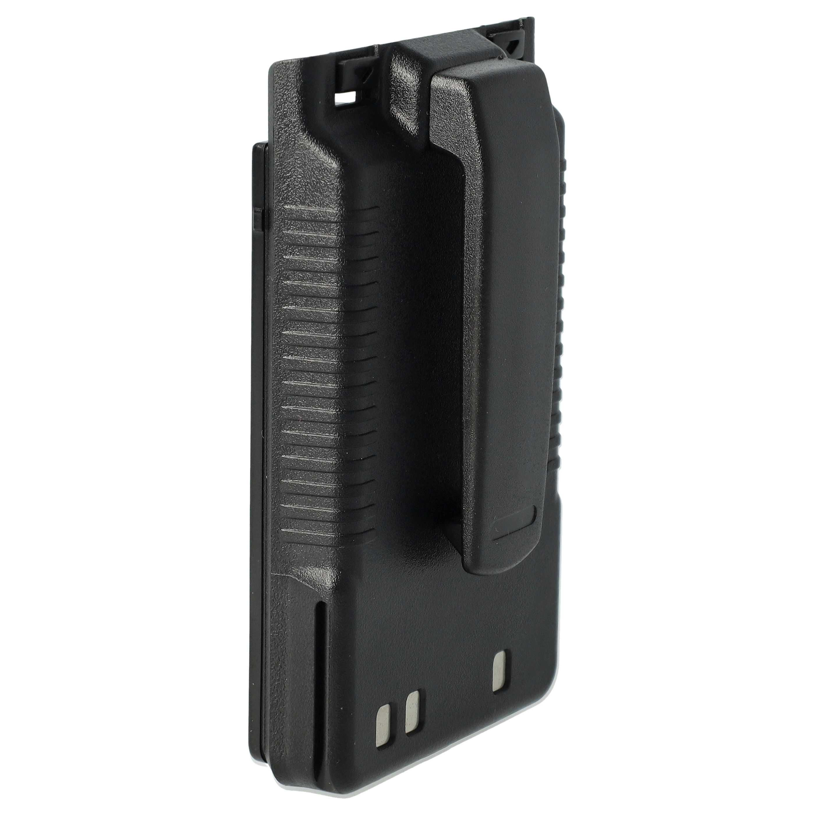 Ein schwarzes Kunststoff-Funkbatteriegehäuse mit Gürtelclip. Es hat vertikale Rippen und drei kleine Löcher.