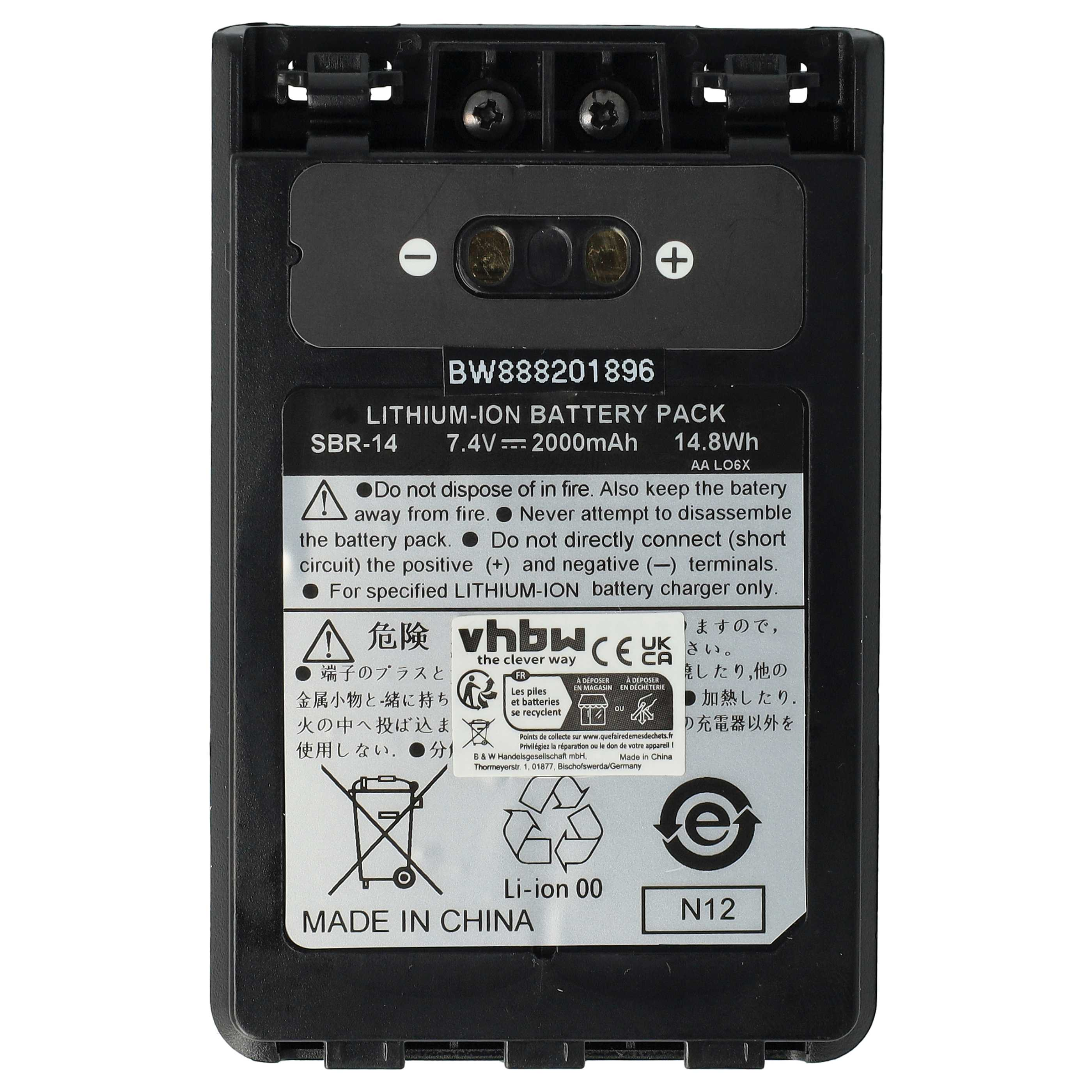 Schwarzer Lithium-Ionen-Akkupack mit Sicherheitshinweisen und Spezifikationen auf weißem Etikett. Text enthält Modell und Spannung.