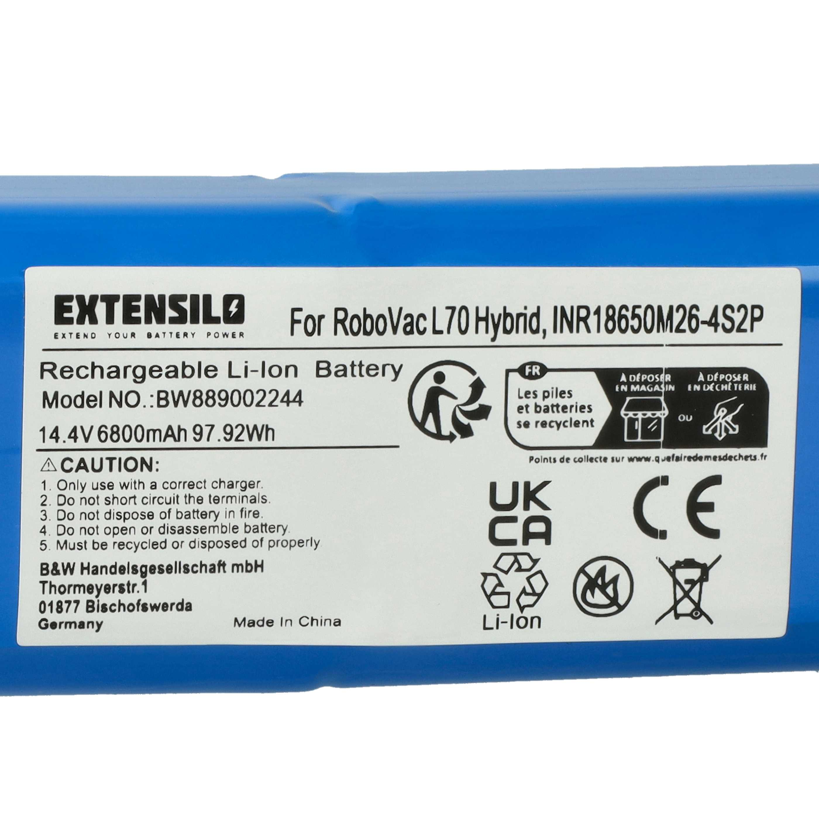 Ein Batterielabel mit Text. Es enthält eine Warnung, Recycling-Symbole und technische Daten wie Spannung und Modellnummer.