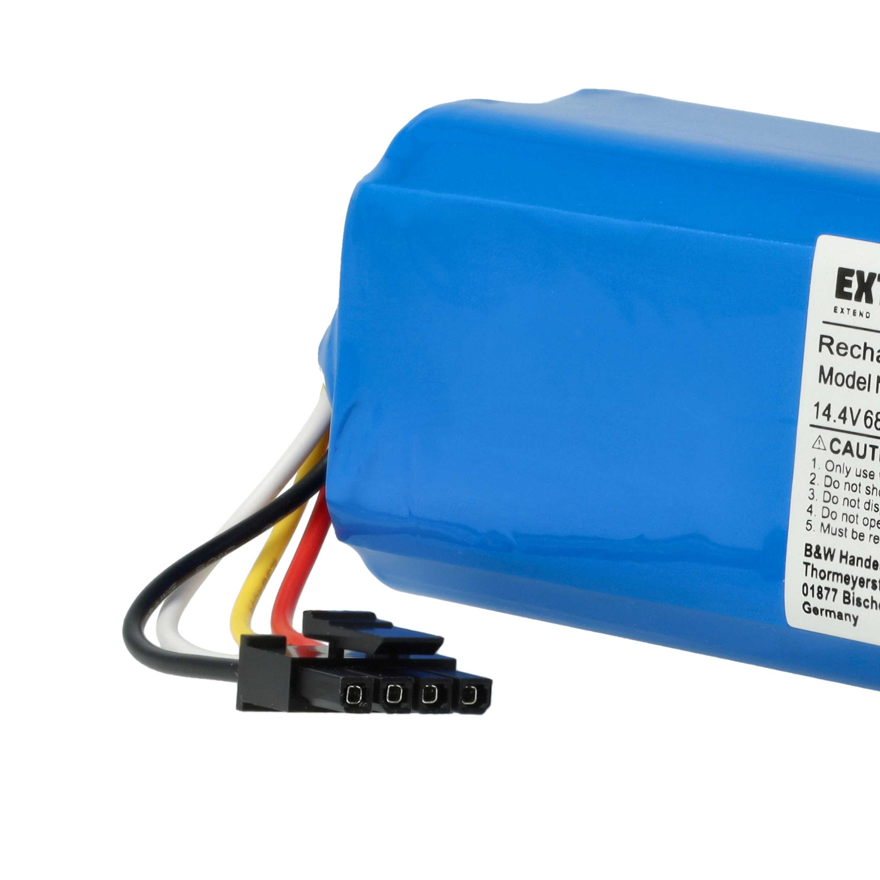 Ein blaues Akkupack mit schwarzen, weißen, gelben und roten Drähten, die mit einem schwarzen Stecker verbunden sind, auf weißem Hintergrund.