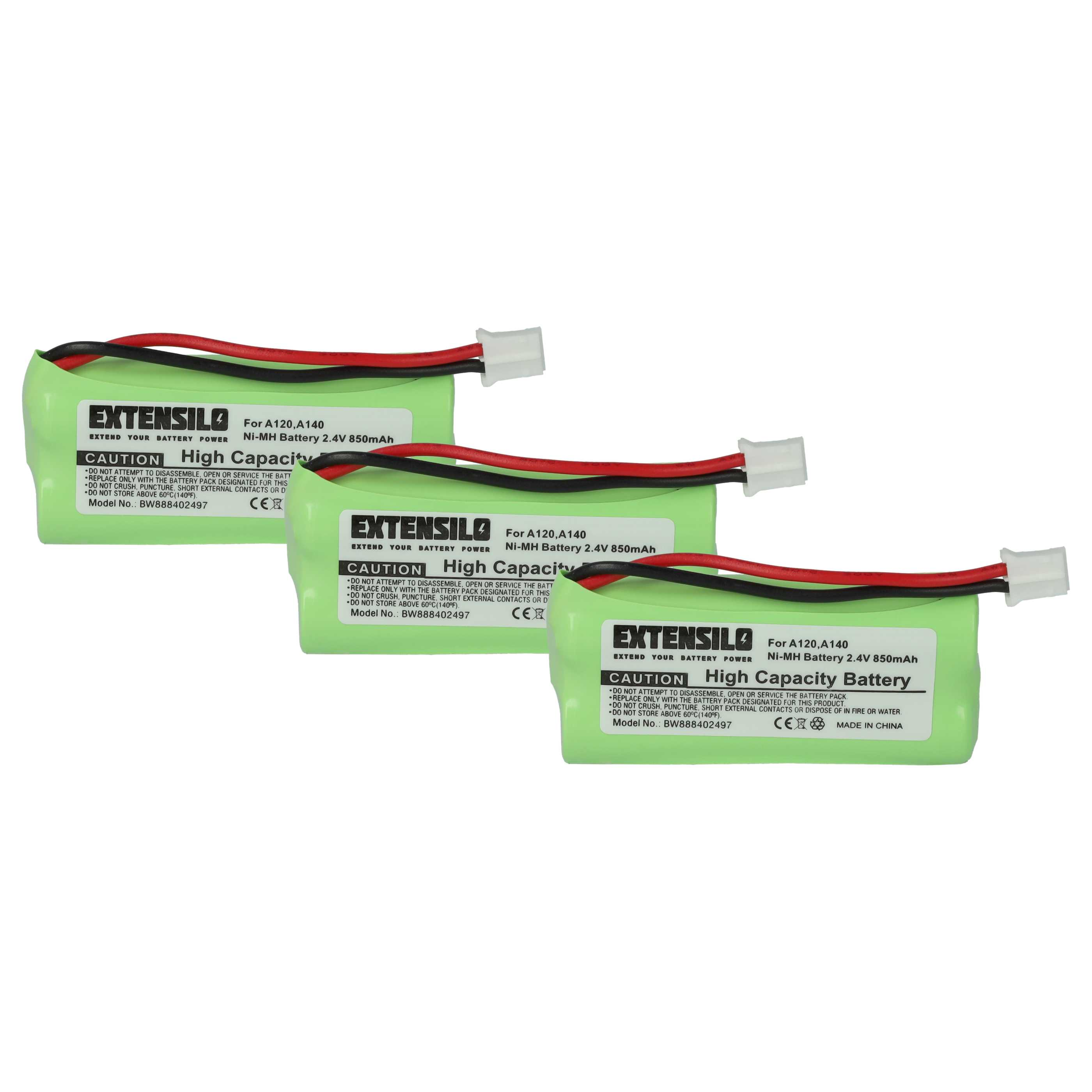 Drei grüne Batterien mit schwarzen und roten Drähten auf weißem Hintergrund. Jede hat ein Etikett mit Text und Warnungen.