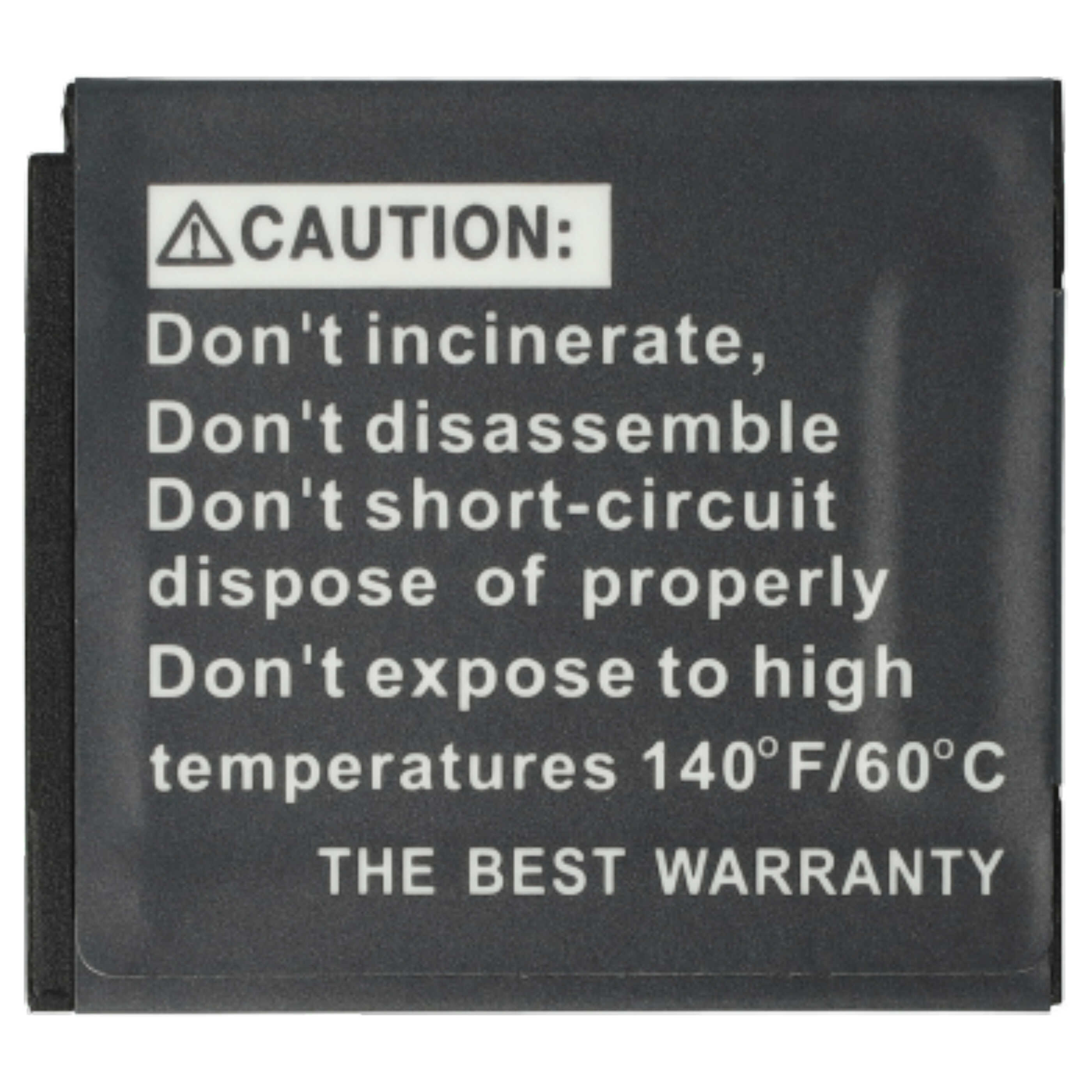 Ein schwarzes Warnschild mit weißem Text. Es warnt vor Verbrennung, Demontage, Kurzschlüssen und hohen Temperaturen.