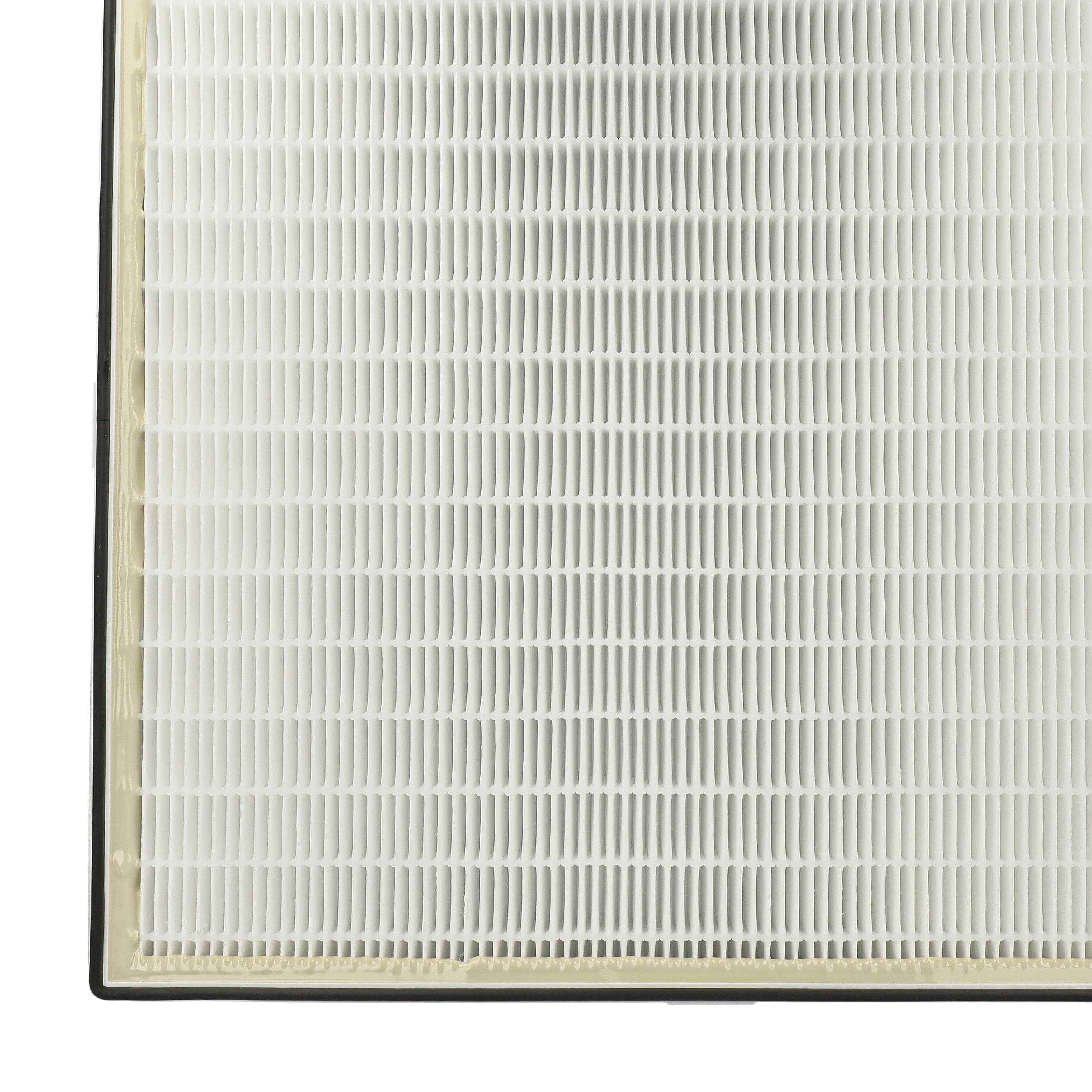 Nahaufnahme eines Luftfilters. Er hat viele vertikale, weiße, rechteckige Schlitze. Der Filter hat einen schwarzen Rahmen und eine beige Umrandung.