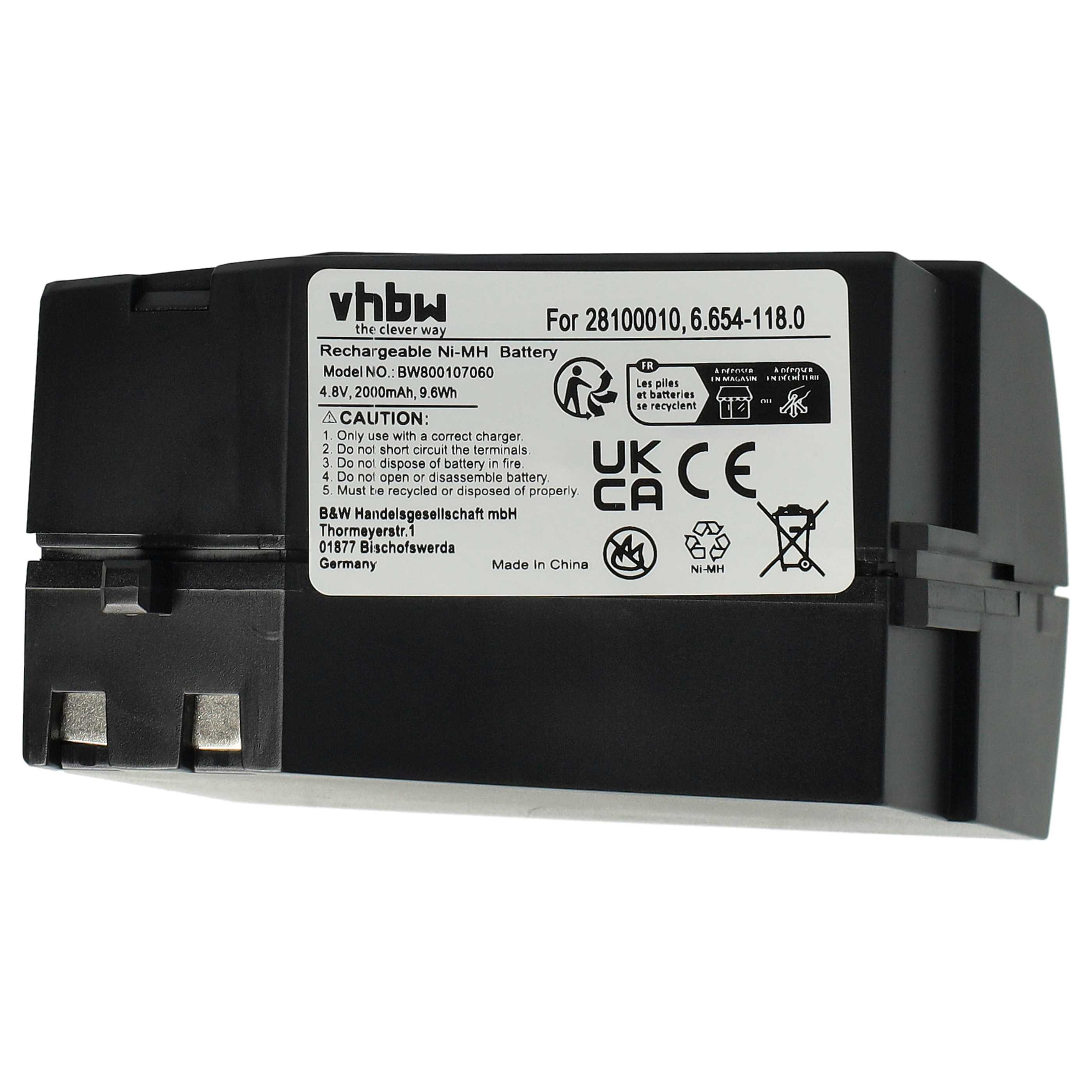 Schwarzer Akku mit weißem Etikett. Text enthält: vhbw, wiederaufladbare Ni-MH-Batterie und Vorsichtssymbole.