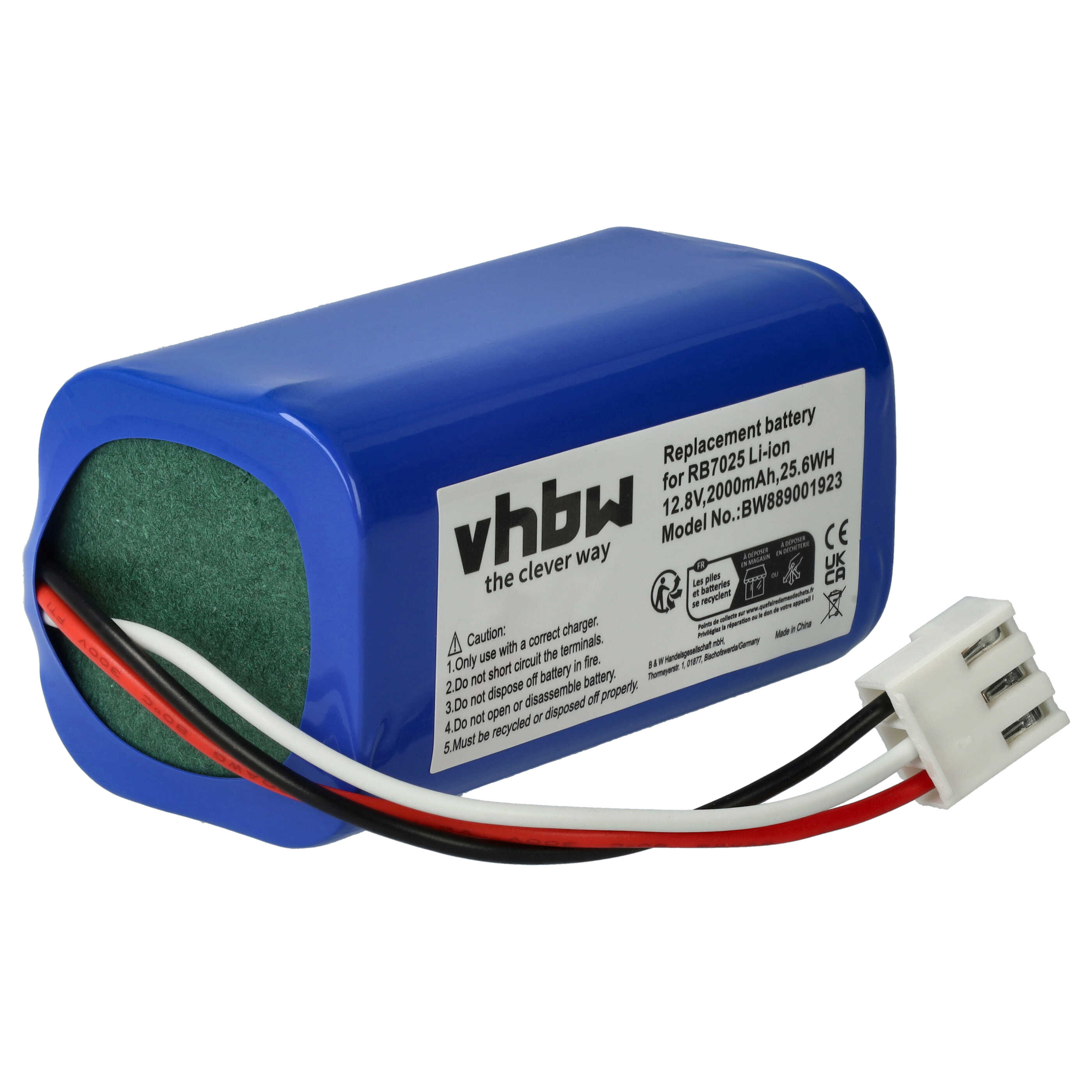 Ein blauer Akku mit grünem Innenraum, weißem Stecker und schwarzen, roten und weißen Drähten. Textlabels sind vorhanden.