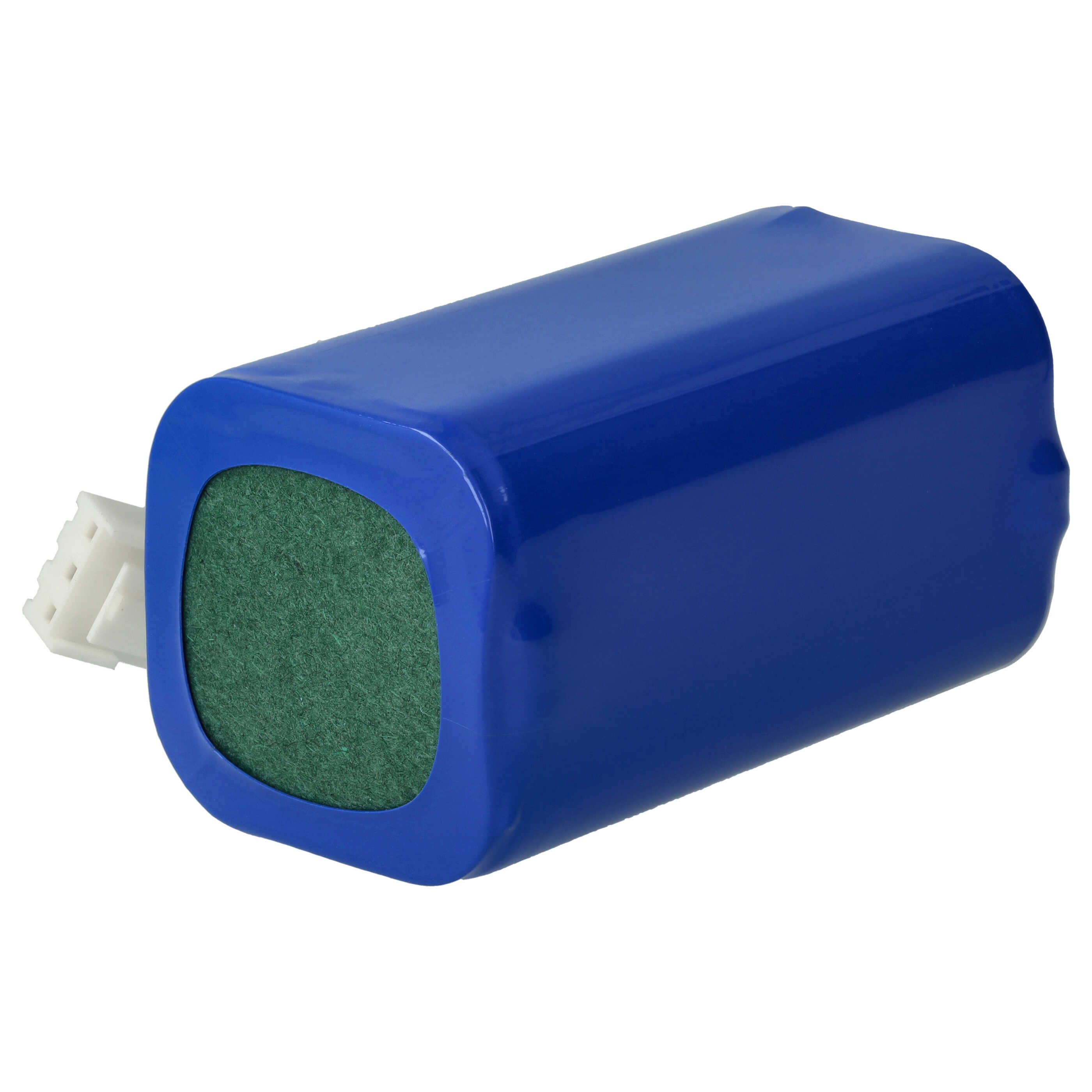 Ein blauer rechteckiger Akkupack mit einem grünen Ende und einem weißen Stecker auf weißem Hintergrund.