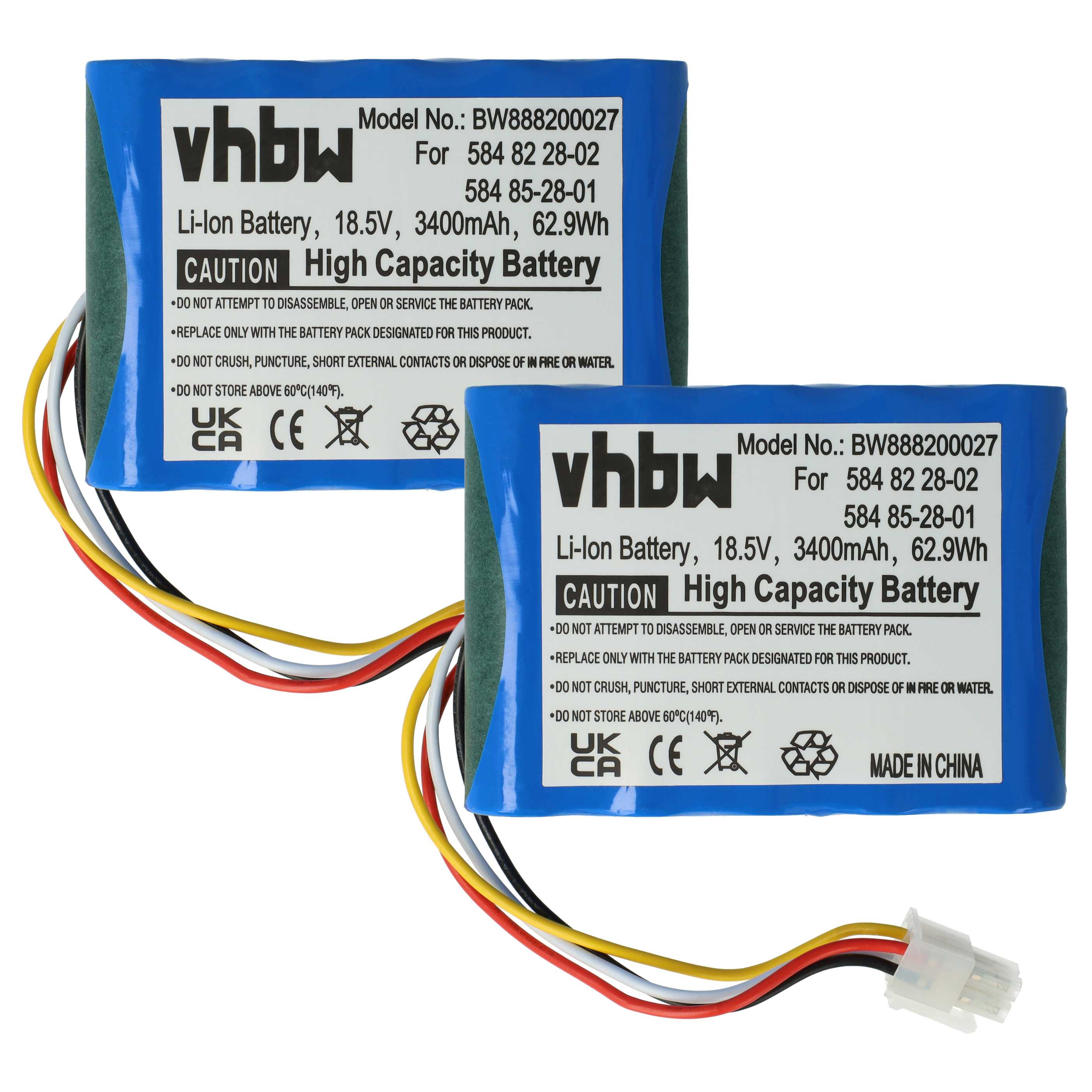 Zwei blau-weiße Batterien mit schwarzem Text. Sie tragen die Aufschrift 'vhbw', Modellnummer und 'High Capacity Battery'.