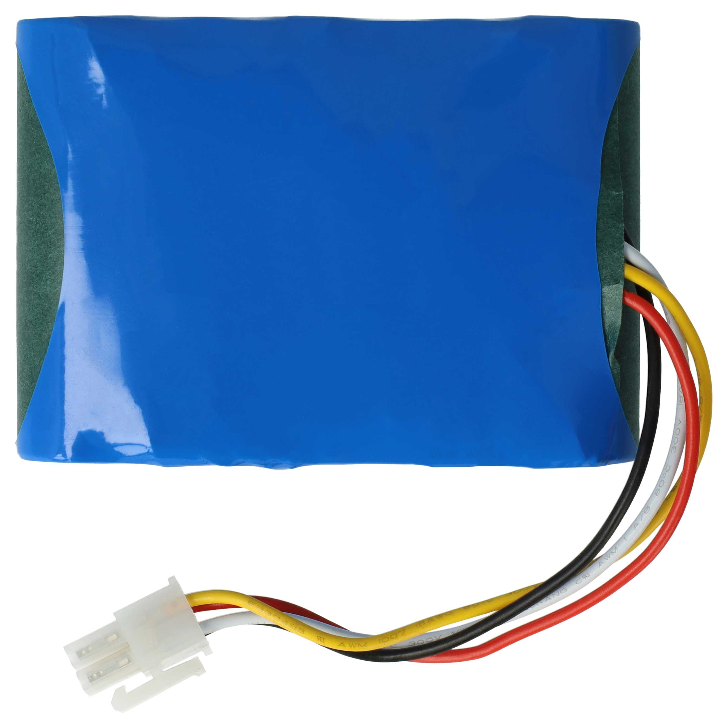 Ein blaues, rechteckiges Batteriepack mit Drähten und einem weißen Stecker. Das Pack ist in blaue Folie gewickelt, mit grünen Seiten.