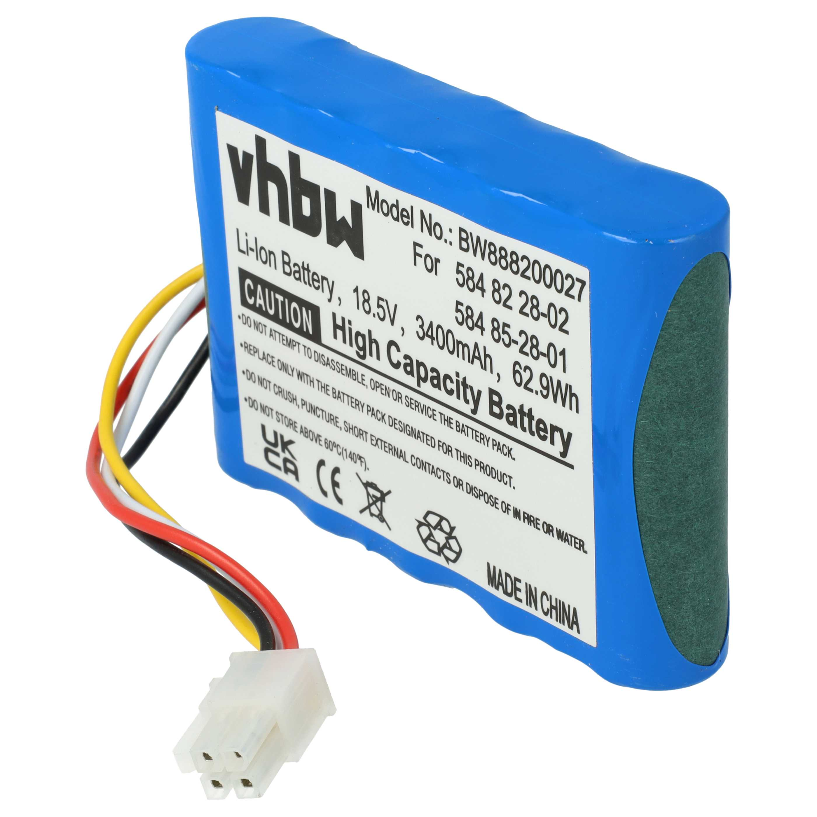 Ein blau-grüner Li-Ionen-Akku mit weißem Text und mehrfarbigen Drähten, die mit einem weißen Stecker verbunden sind.