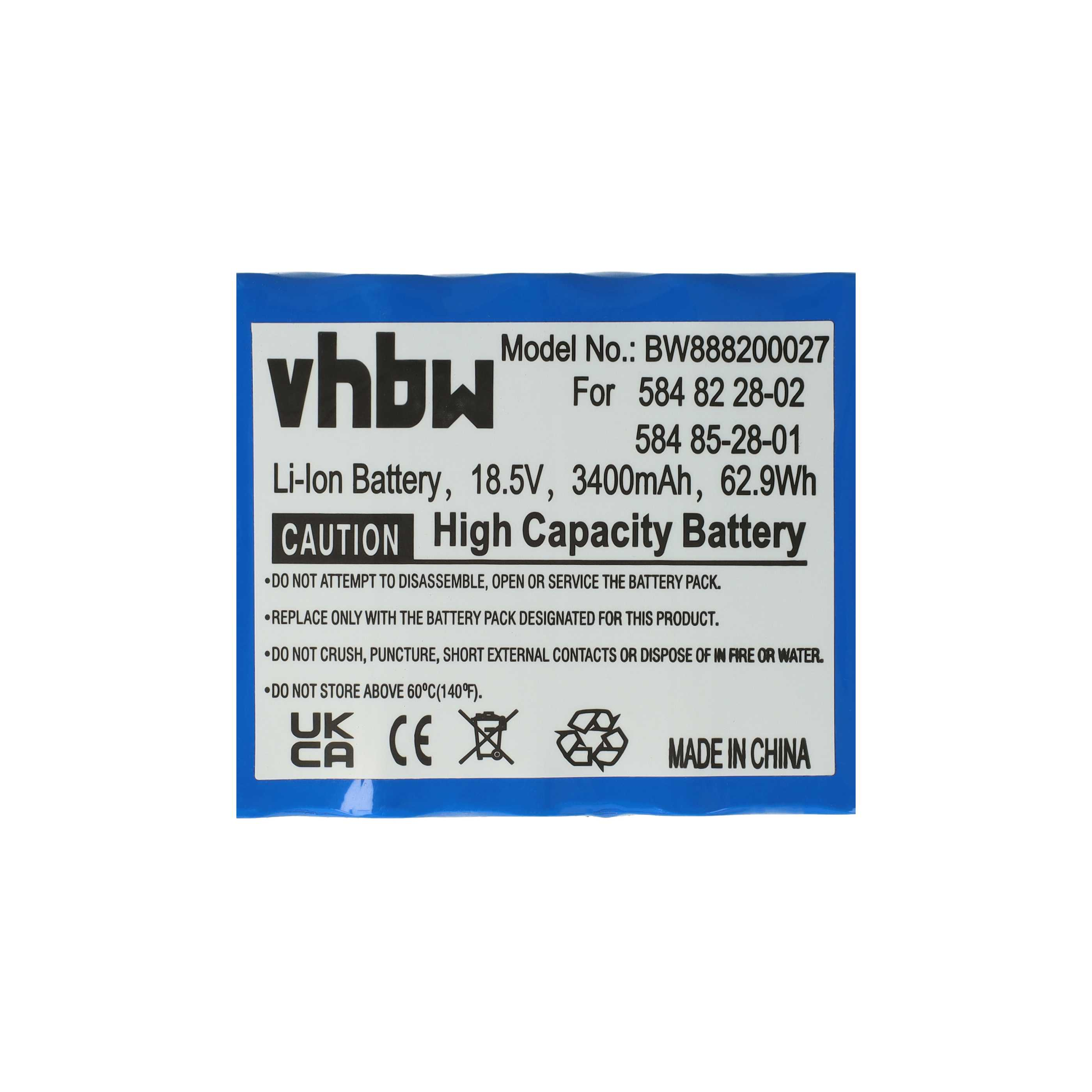 Ein blaues Rechteck mit weißem Text, das eine Li-Ionen-Batterie beschreibt. Enthält Warnungen, Modellnummer und Zertifizierungen.