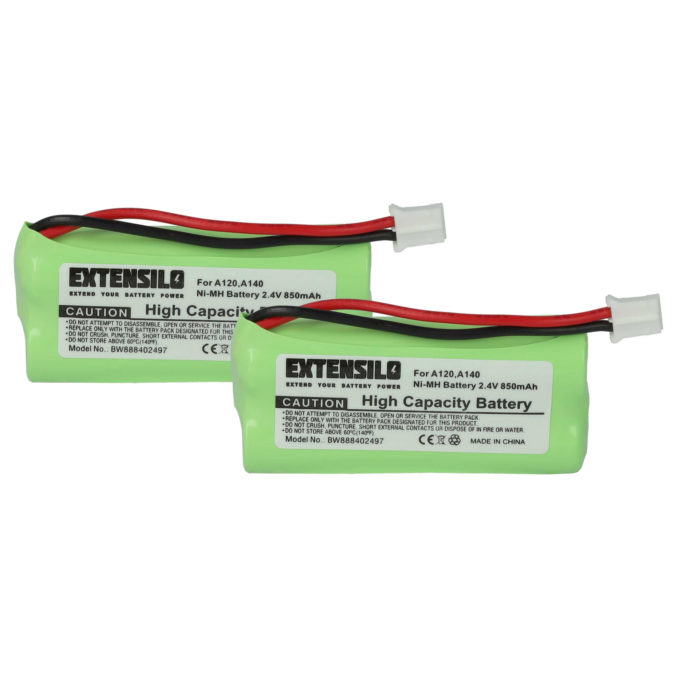 Zwei grüne Batterien mit schwarzen und roten Drähten und weißen Steckern. Aufschriften: 'EXTENSILO' und 'High Capacity Battery'.