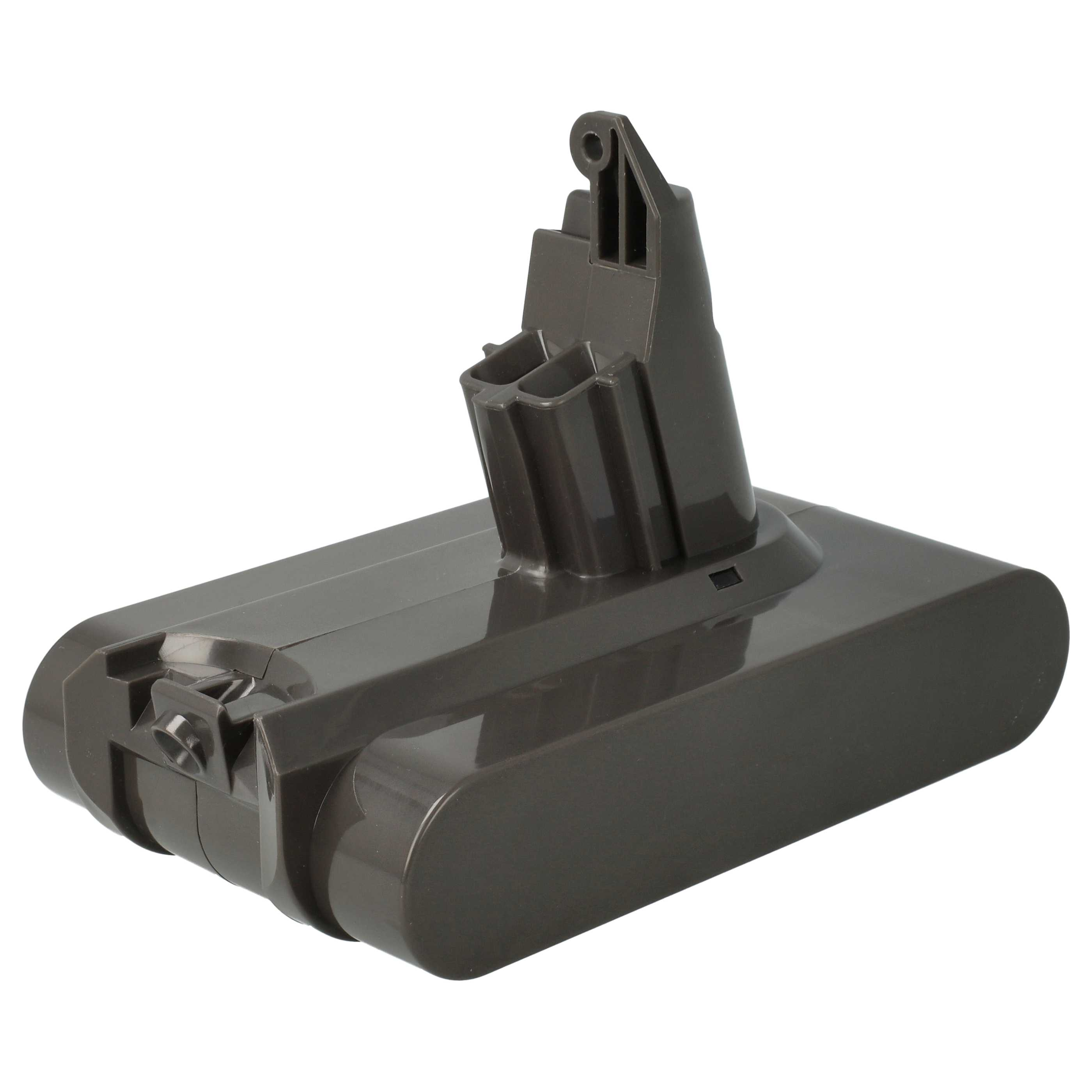 Ein grauer Dyson-Staubsauger-Akku mit rechteckiger Basis und abgewinkeltem Oberteil, vor weißem Hintergrund.