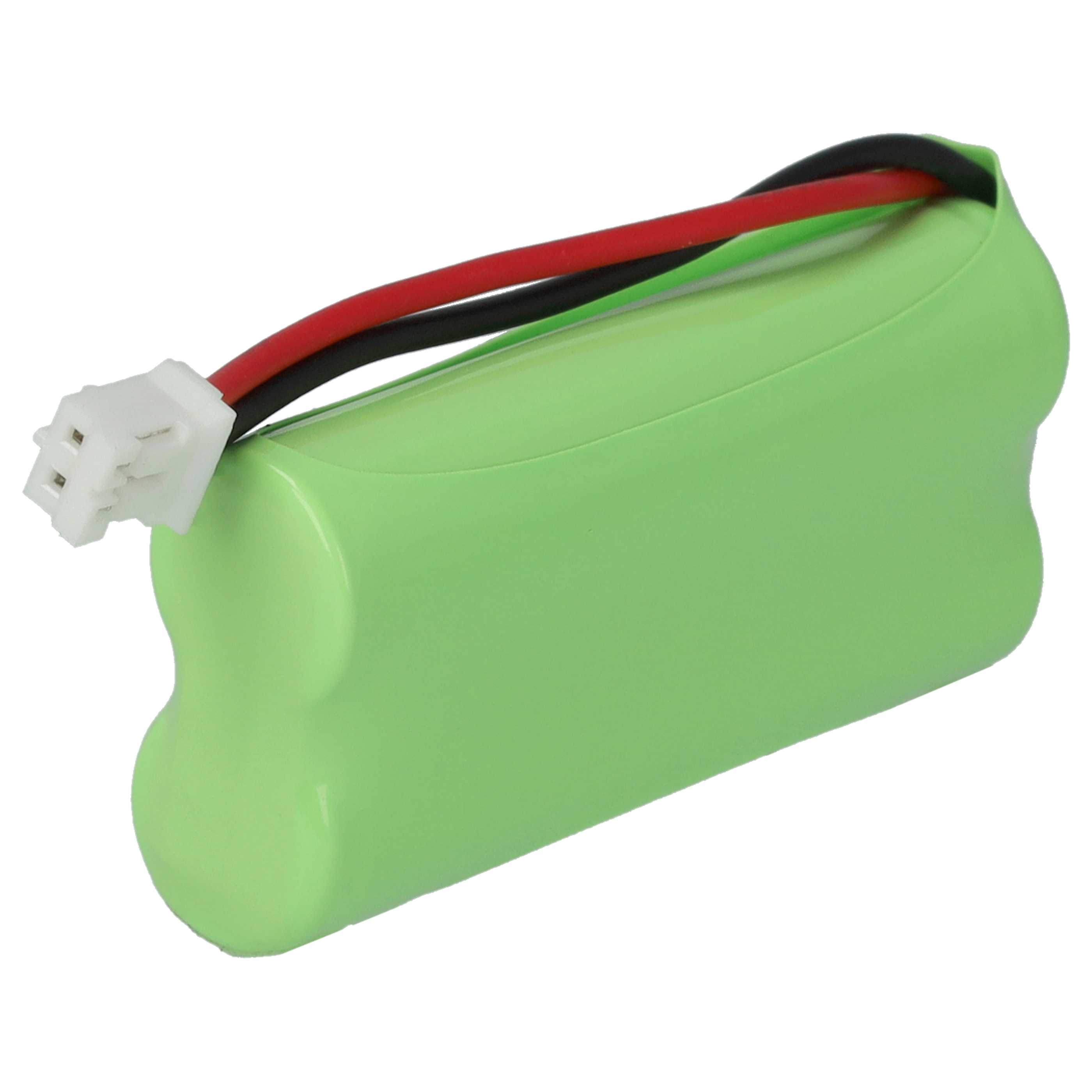 Ein grüner Akku mit roten, schwarzen und grünen Drähten, die mit einem weißen Stecker verbunden sind, isoliert auf weißem Grund.