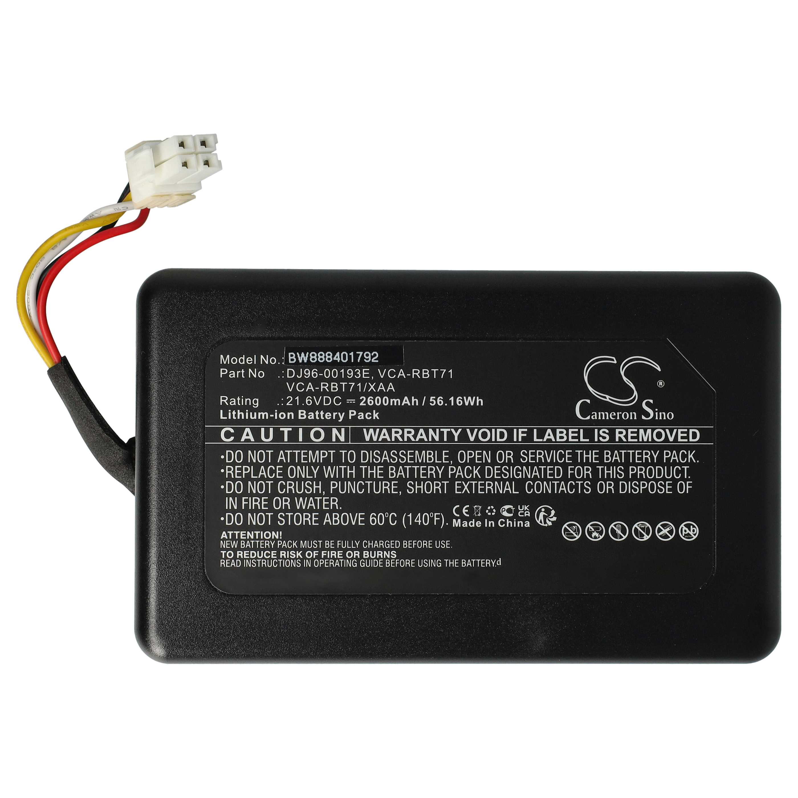 Schwarzer Akku mit weißem Stecker und farbigen Drähten. Textdetails Modellnummer, Warnungen und Spezifikationen.
