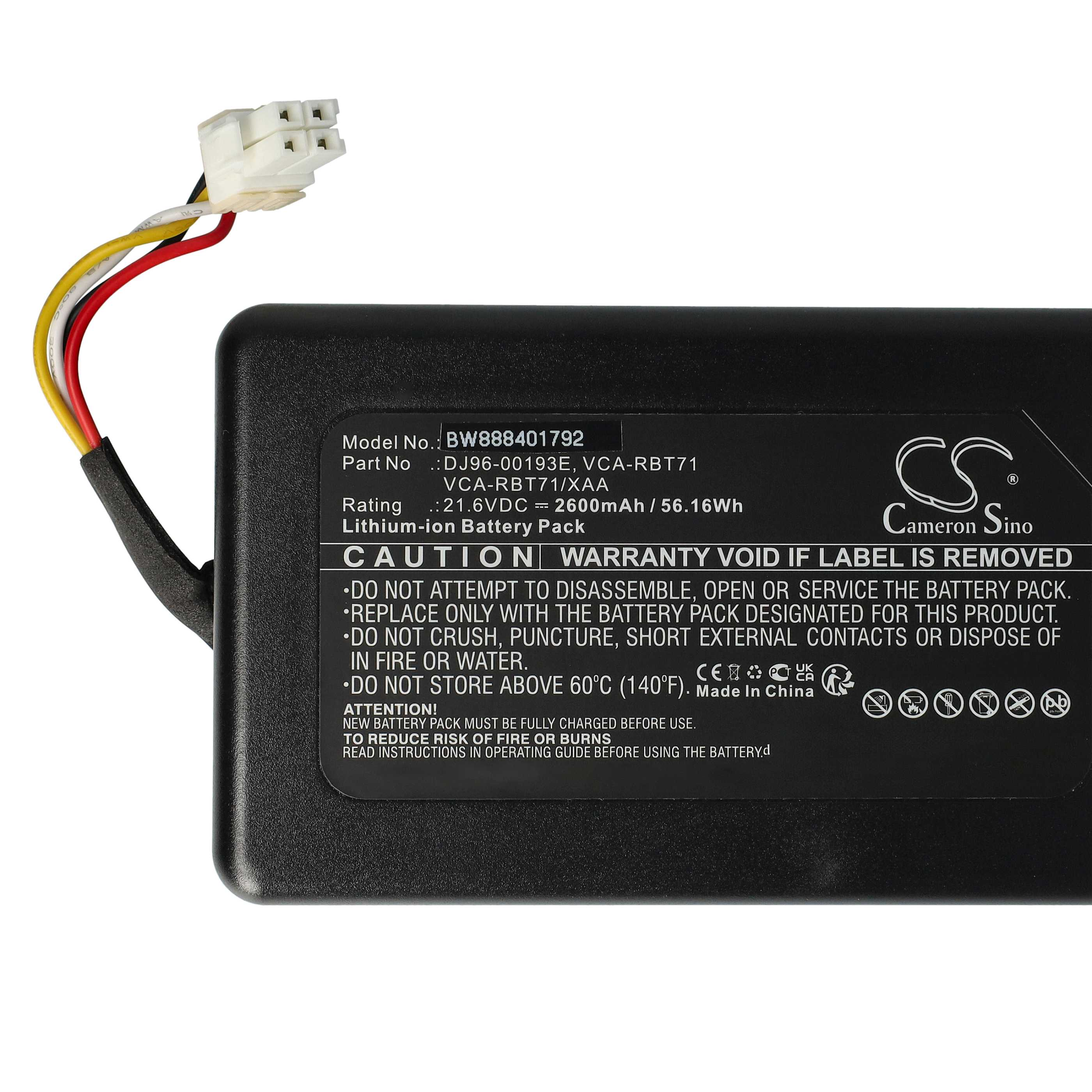 Ein schwarzes Akku-Pack mit weißem Stecker und farbigen Drähten, Textdetails zum Modell, Warnungen und Vorsichtshinweise.