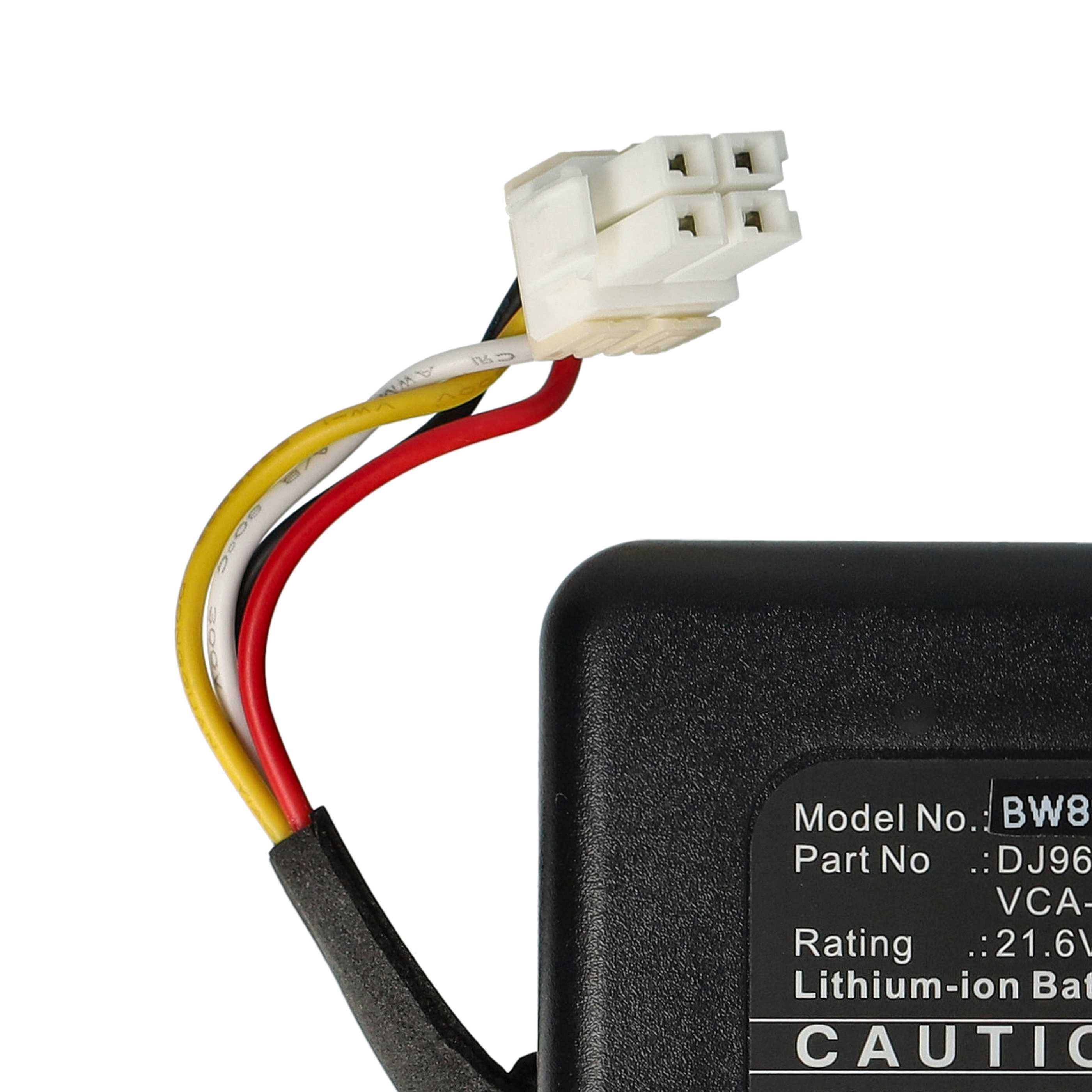 Das Bild zeigt einen weißen Stecker, der an schwarzen Drähten befestigt ist, und einen schwarzen Akku mit Text.