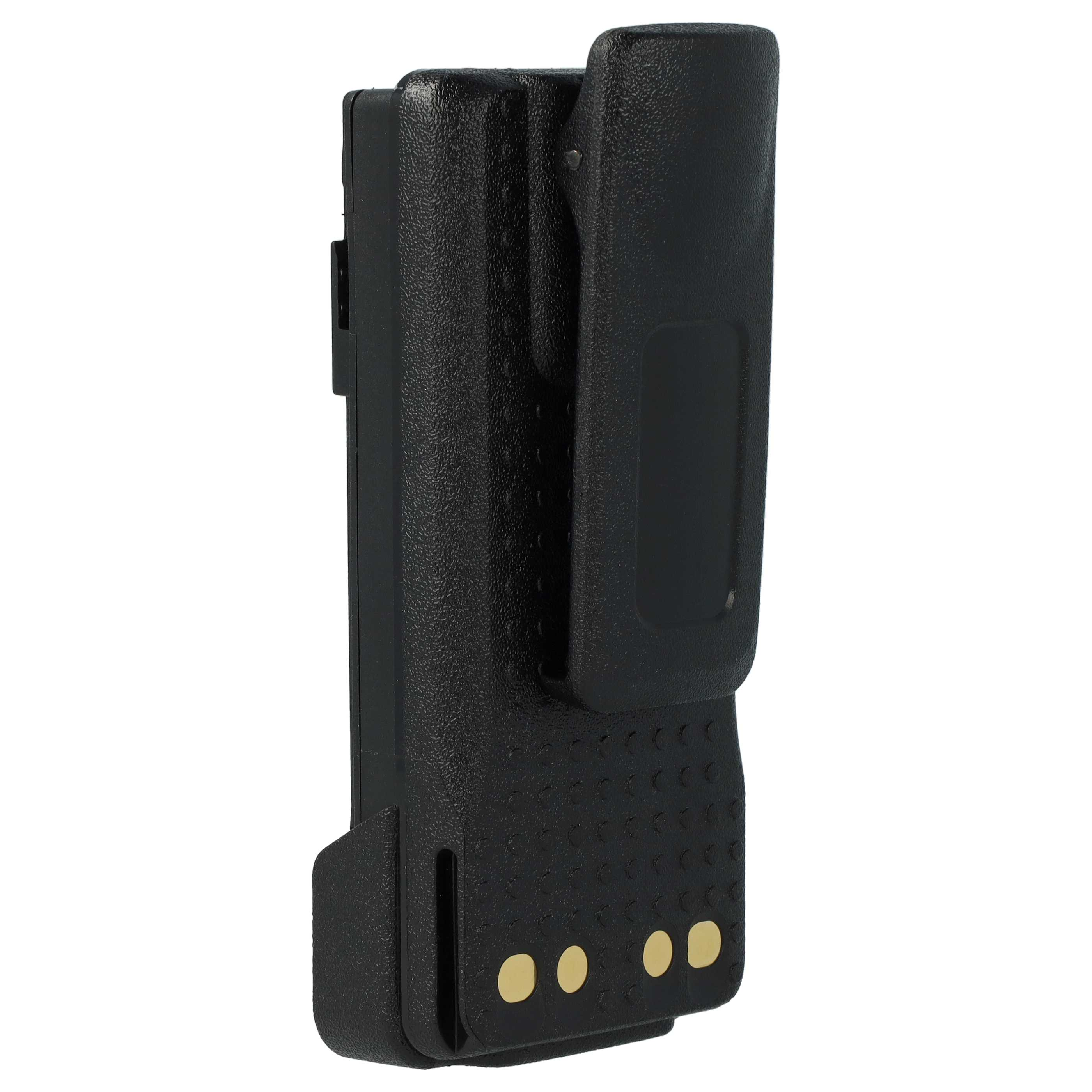 Schwarzer Funkgeräte-Batteriehalter mit Gürtelclip. Drei goldfarbene Kontaktpunkte unten sichtbar.