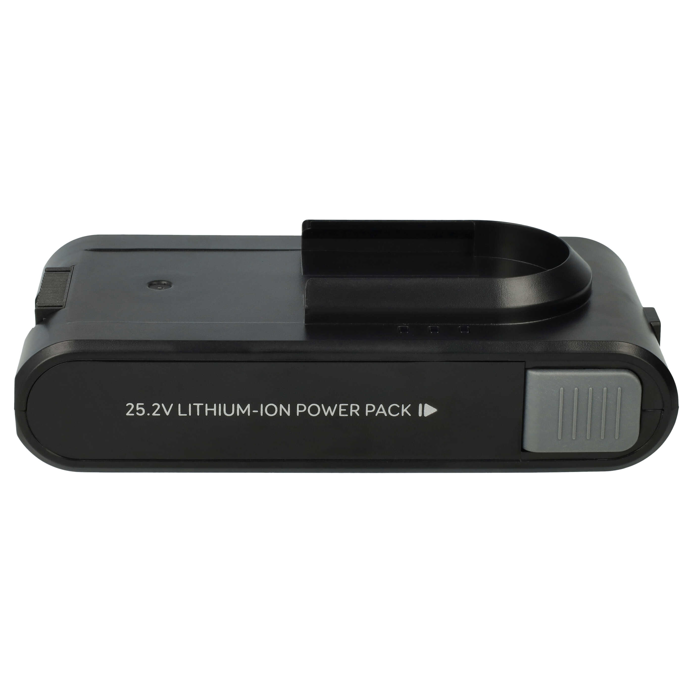Schwarzer 25,2-V-Lithium-Ionen-Akkupack. Er hat einen grauen Knopf und eine gebogene Oberseite mit schwarzem Griff. Weißer Hintergrund.