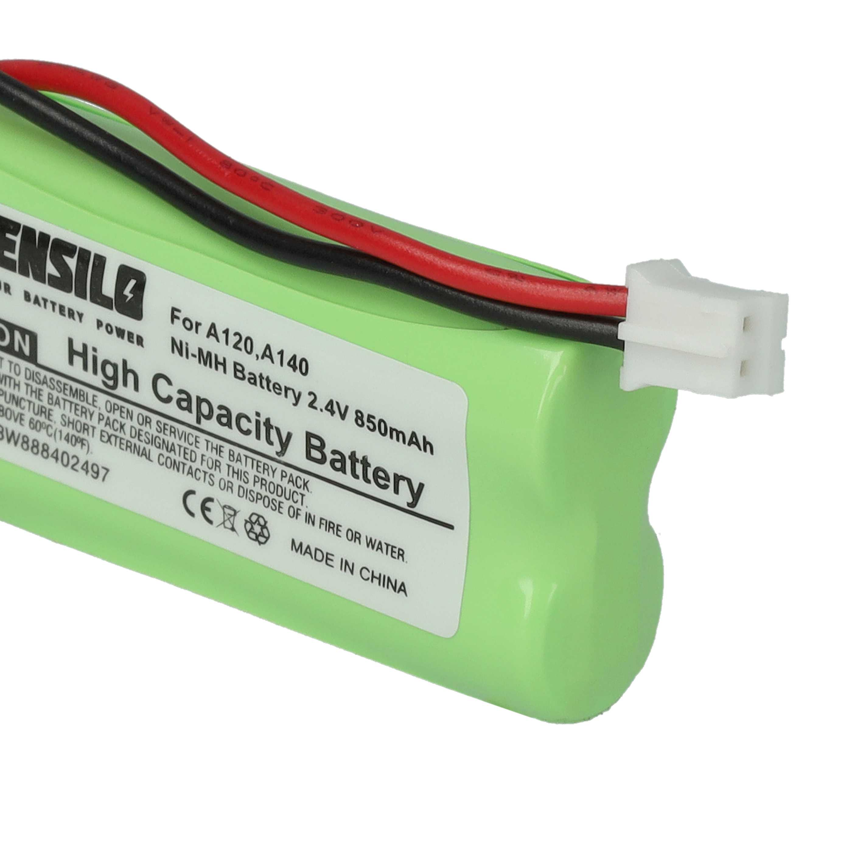 Eine grüne Batterie mit schwarzen und roten Drähten und einem weißen Stecker. Text enthält 'High Capacity Battery' und Spezifikationen.