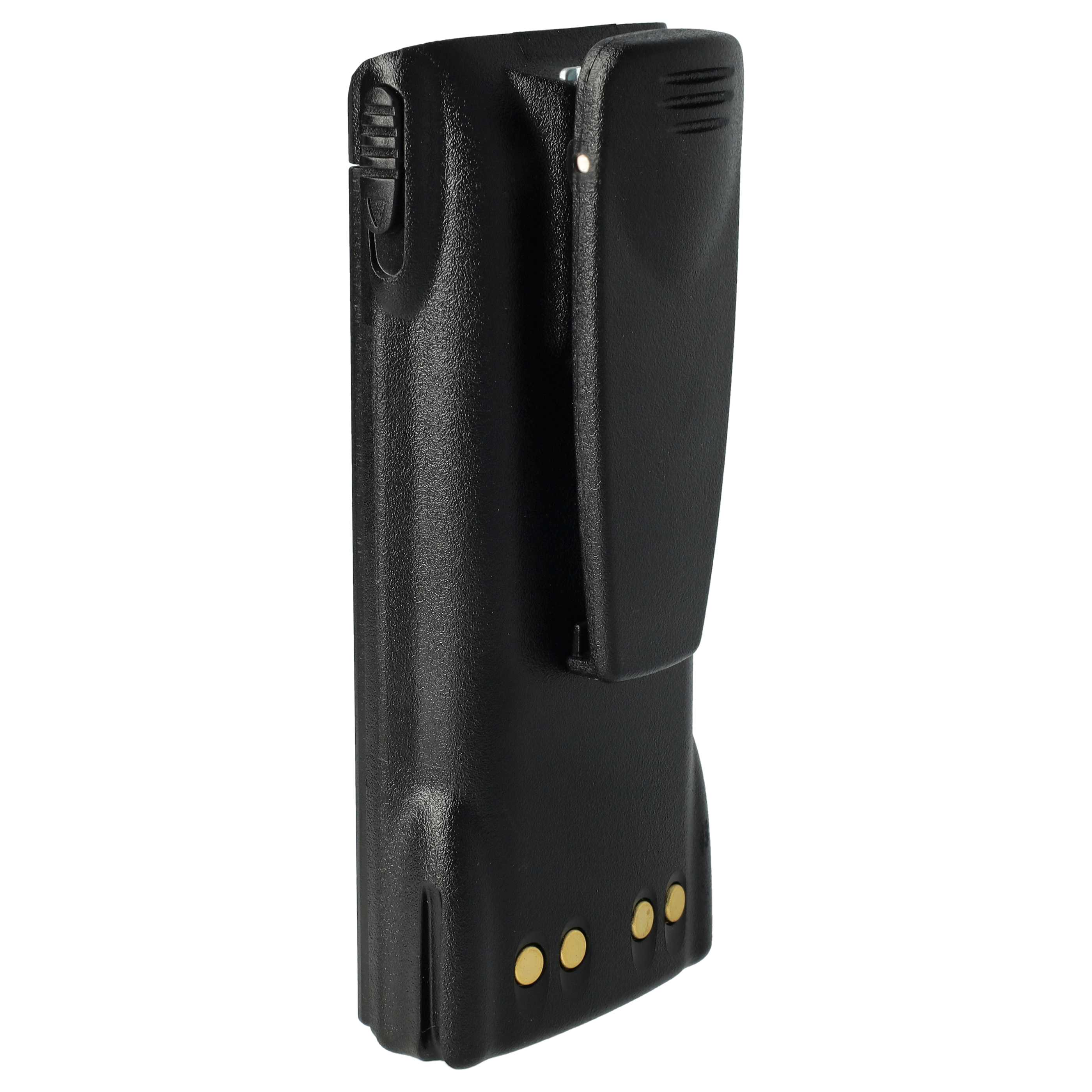 Ein schwarzes Walkie-Talkie-Akkupack mit Clip. Es hat drei goldfarbene Kontaktpunkte unten.