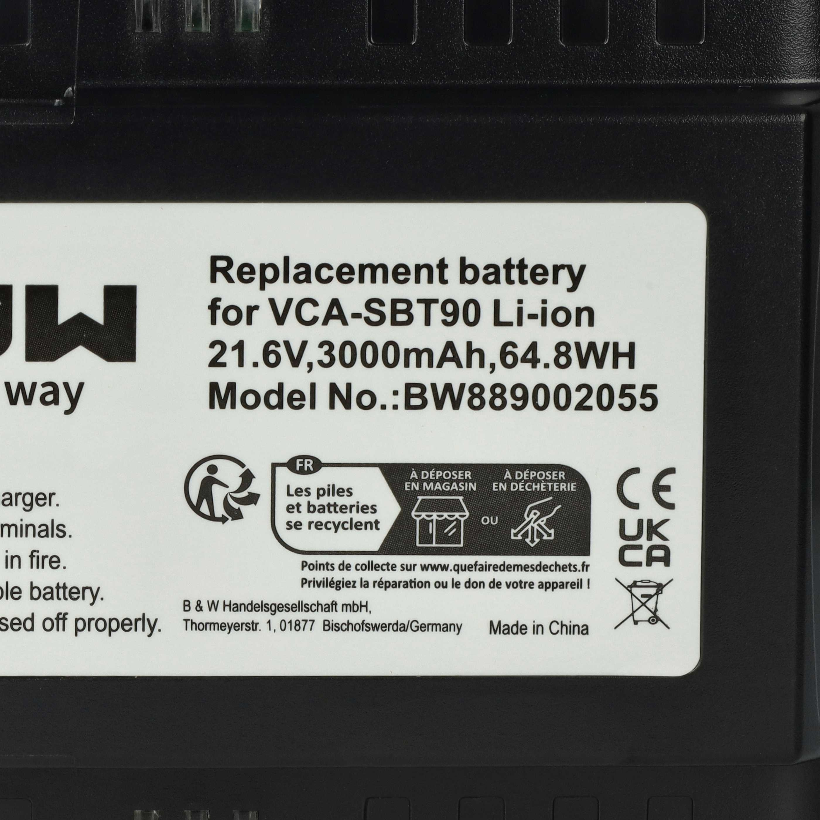 Ein schwarzes Akkupack mit weißem Text. Es steht 'Ersatzbatterie' drauf und hat Recycling-Symbole und ein CE-Zeichen.