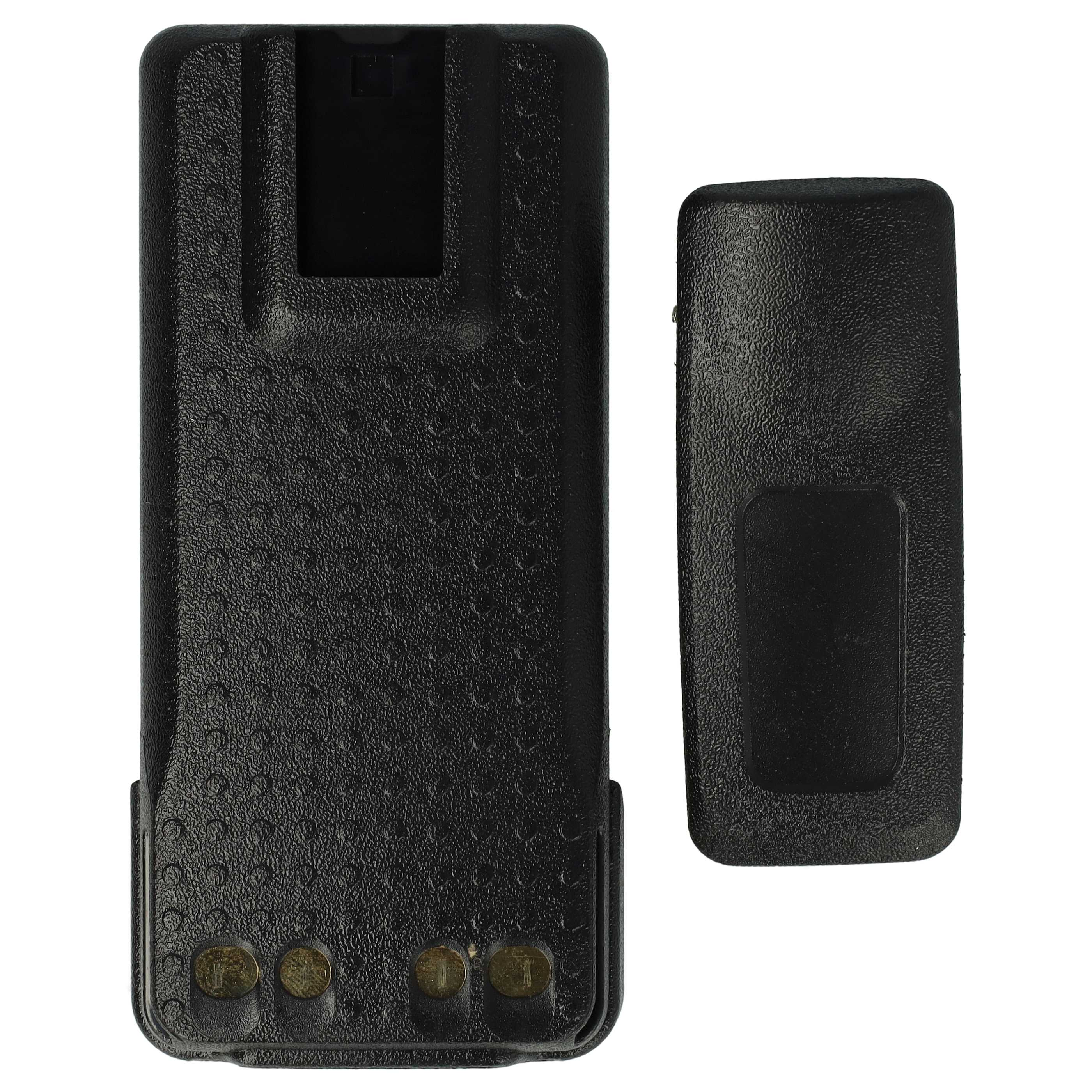 Zwei schwarze Walkie-Talkie-Teile auf weißem Hintergrund. Eines ist der Hauptkörper, die andere eine Abdeckung.