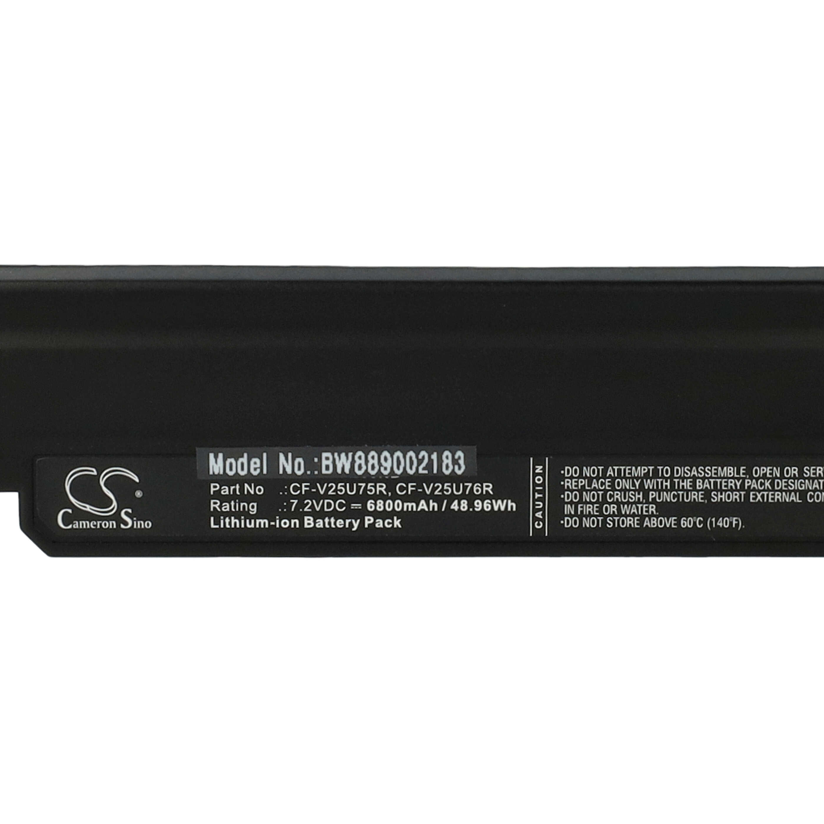 Schwarzer Laptop-Akku mit weißen Textetiketten. Etiketten mit Modell, Teilenummer, Spannung und Warnhinweisen.